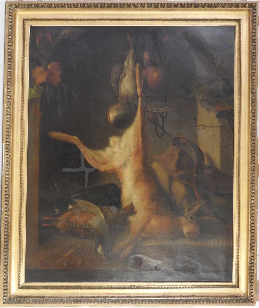 Null 法国学校，19世纪末。

野兔和鹧鸪的静物画。

布面油画。

100 x 81厘米。

众多的事故和修复。