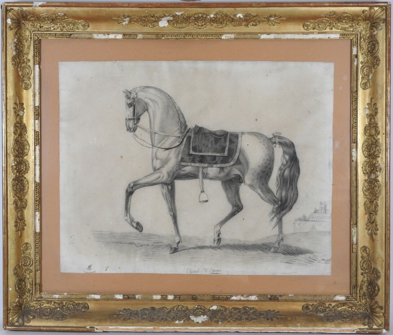 Null MINGUET（19世纪）。

西班牙马。

右下角有油脂铅笔签名。

43.5 x 55.5厘米。