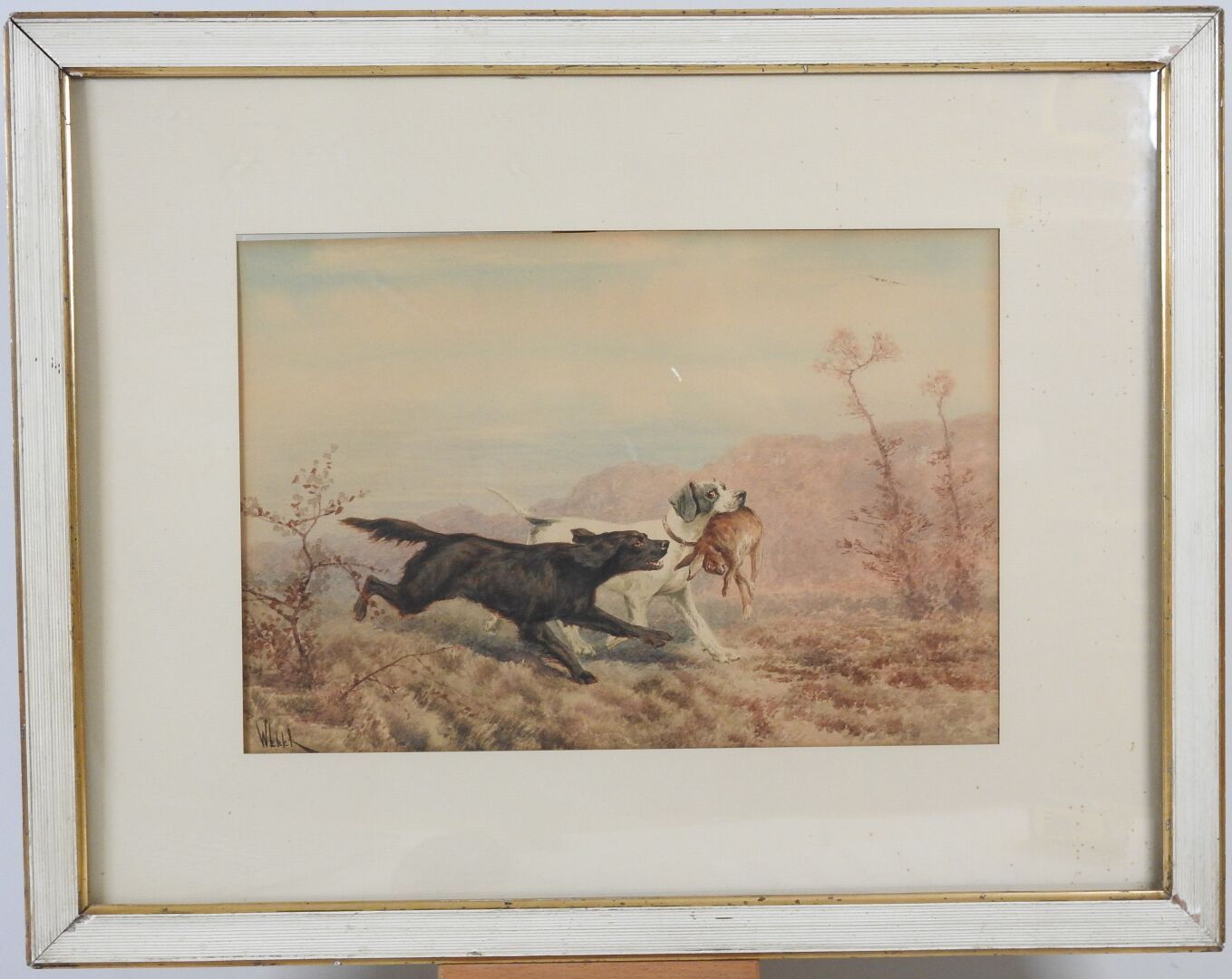Null 阿尔弗雷德-韦伯（1859-1931）。

两只狗带着一只野兔。

水彩画，左下角有签名。

24 x 35厘米的视线。

天空中的小斑点。