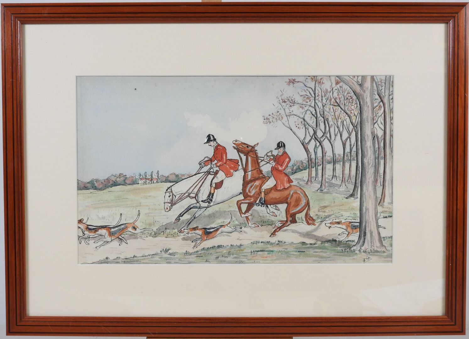 Null 20世纪的学校。

猎手和猎犬。

水彩画，右下方有签名。

19 x 32 cm。