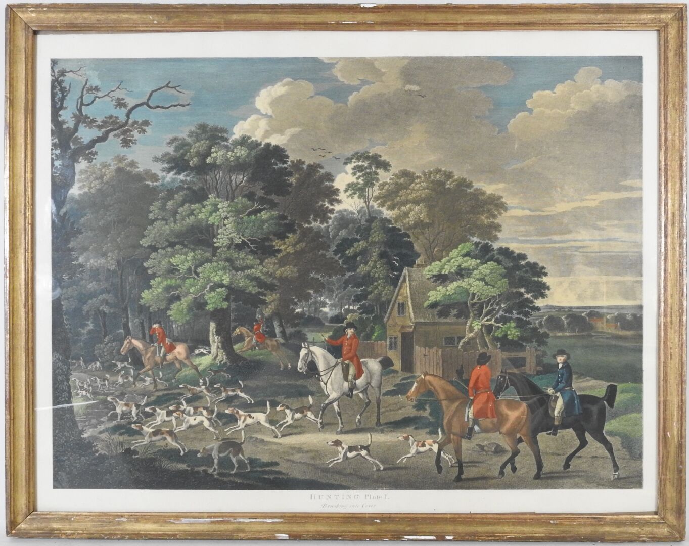 Null 19世纪末和20世纪初的英国学校。

狩猎板I，刷成盖。

彩色雕版画。

47,5 x 62 厘米。
