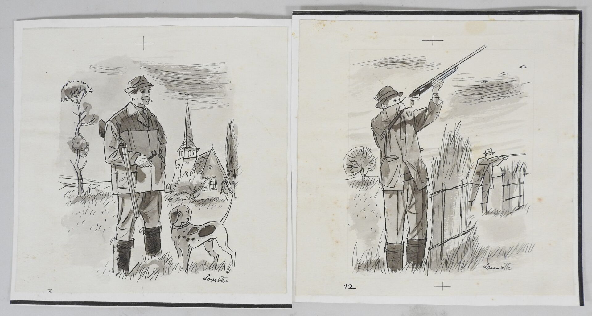 Null CHEFSON, Gabriel dit LAMOTTE (1920-2005).

猎人。

两幅签名的水彩画。

16 x 16 cm。

有些褪&hellip;