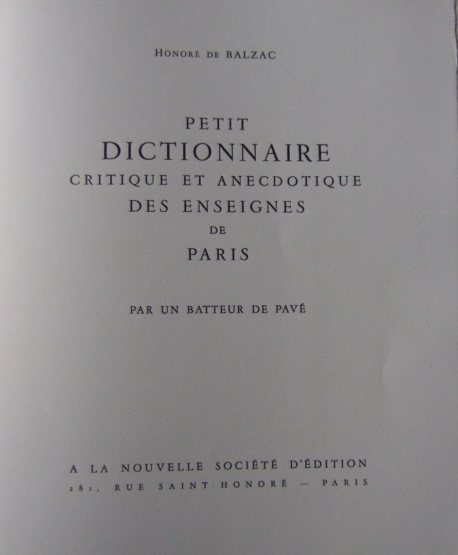 Null Honoré de Balzac, Petit dictionnaire critique et anecdotique des Enseignes &hellip;