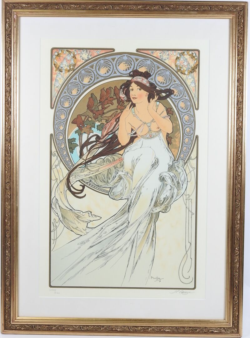 Null 阿尔方斯-穆夏（1860-1939 年），后作。
新艺术女性。
Arches 牛皮纸彩色石版画，右下方有出版商 J.P LACAZE 的石墨副署。
见&hellip;