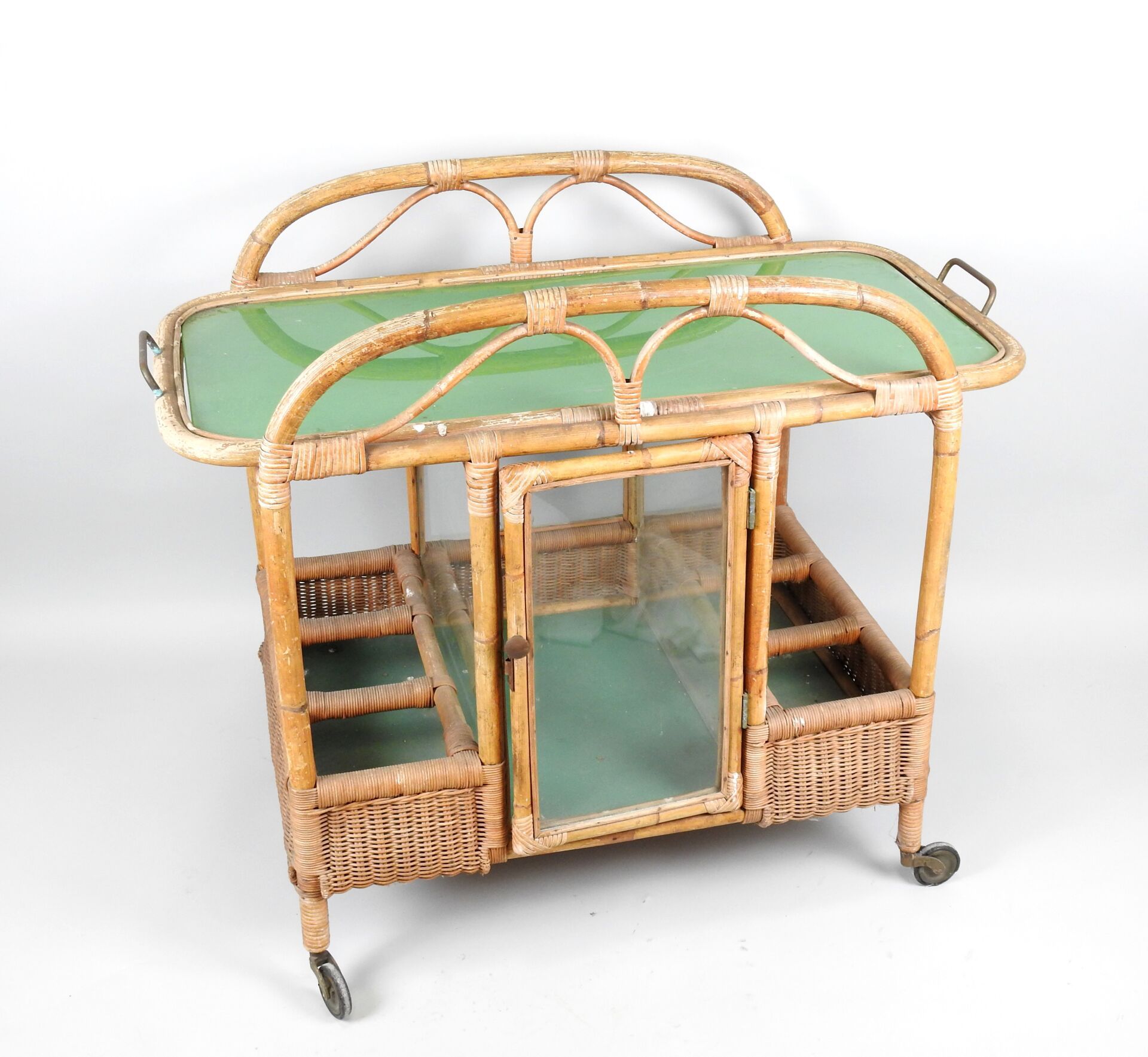 Null Rattan and bamboo sideboard on wheels, with removable top and bottle-holder&hellip;