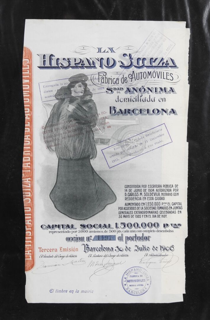 Null Bon d'action de la société HISPANO SUIZA, émission du 10 juillet 1906. Augm&hellip;