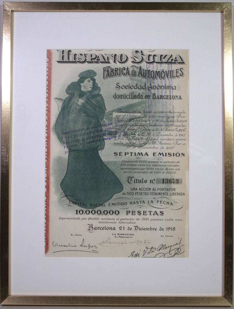 Null Aktienschein der Gesellschaft HISPANO SUIZA, Ausgabe vom 21. Dezember 1918.&hellip;