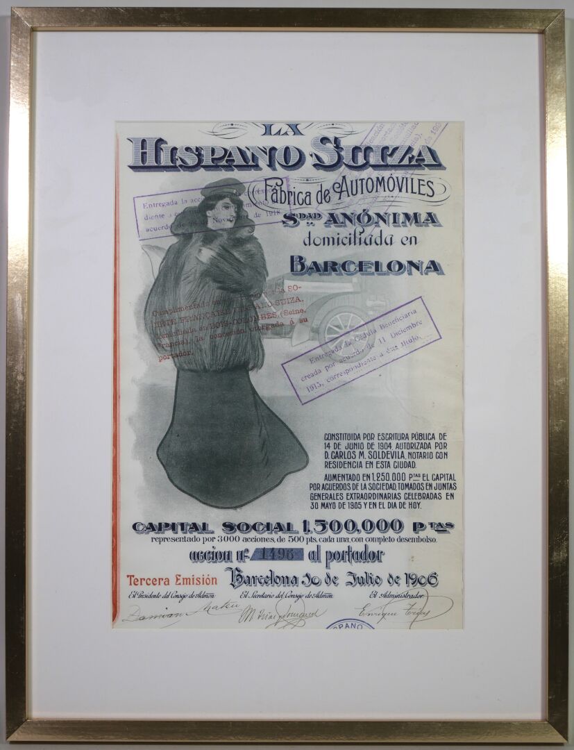 Null HISPANO SUIZA share certificate, issue of July 10, 1906. Capital increase. &hellip;
