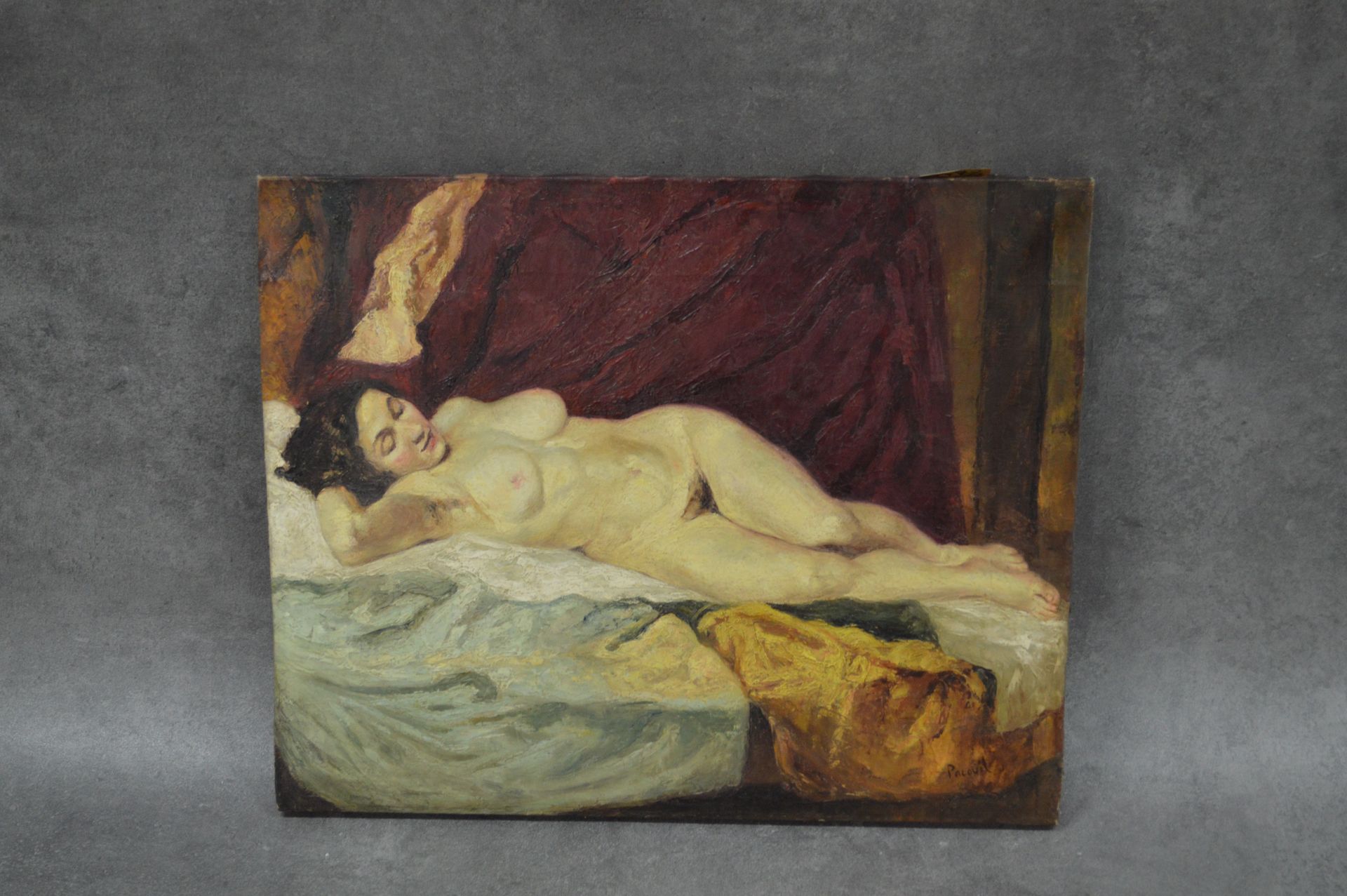 PACOUIL 
Huile sur toile. Signée 
PACOUIL. Femme nue allongée. Signature non gar&hellip;