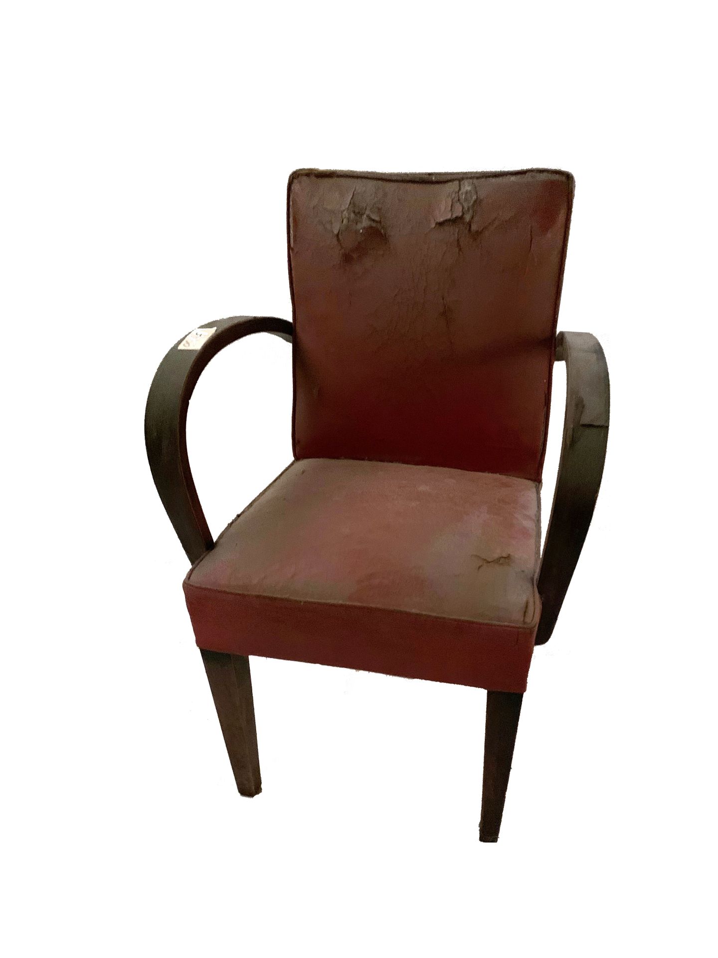 Fauteuils 
Série de quatre fauteuils. Skaï rouge. Accoudoirs bois. Restauration &hellip;