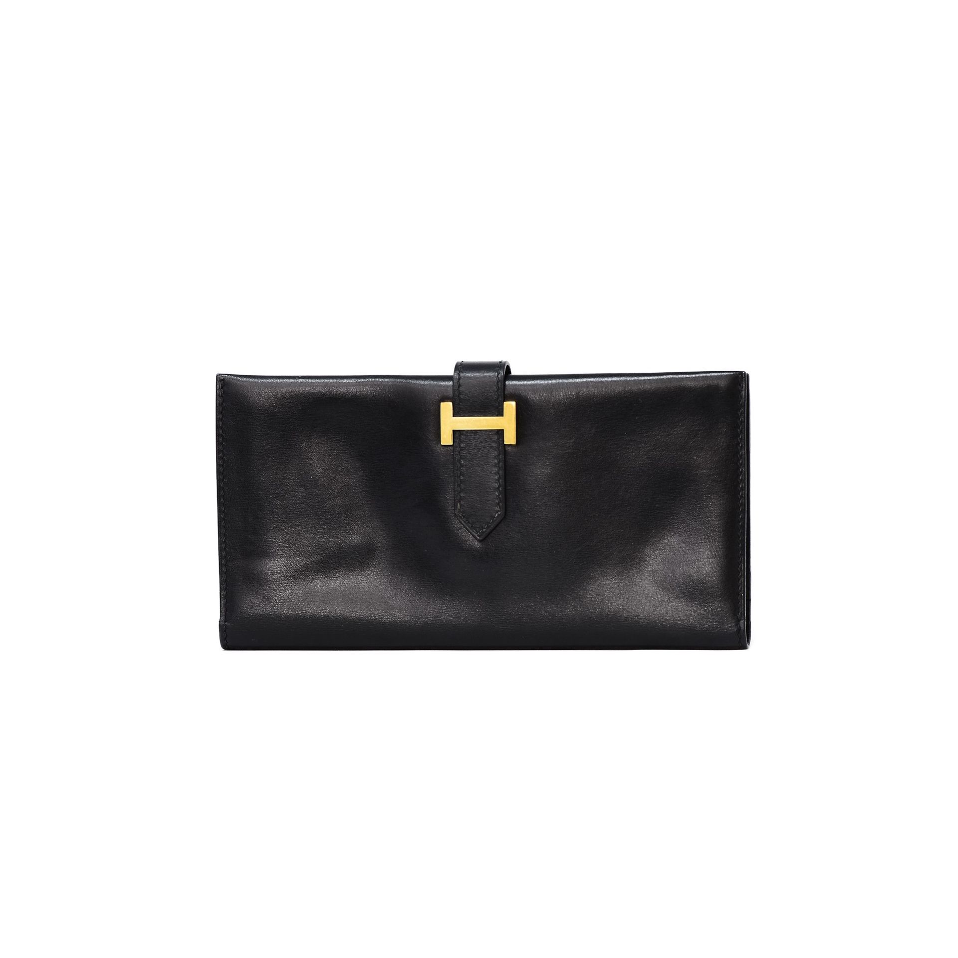 HERMES Portafoglio Béarn Hermès in pelle nera, chiusura con logo in metallo dora&hellip;