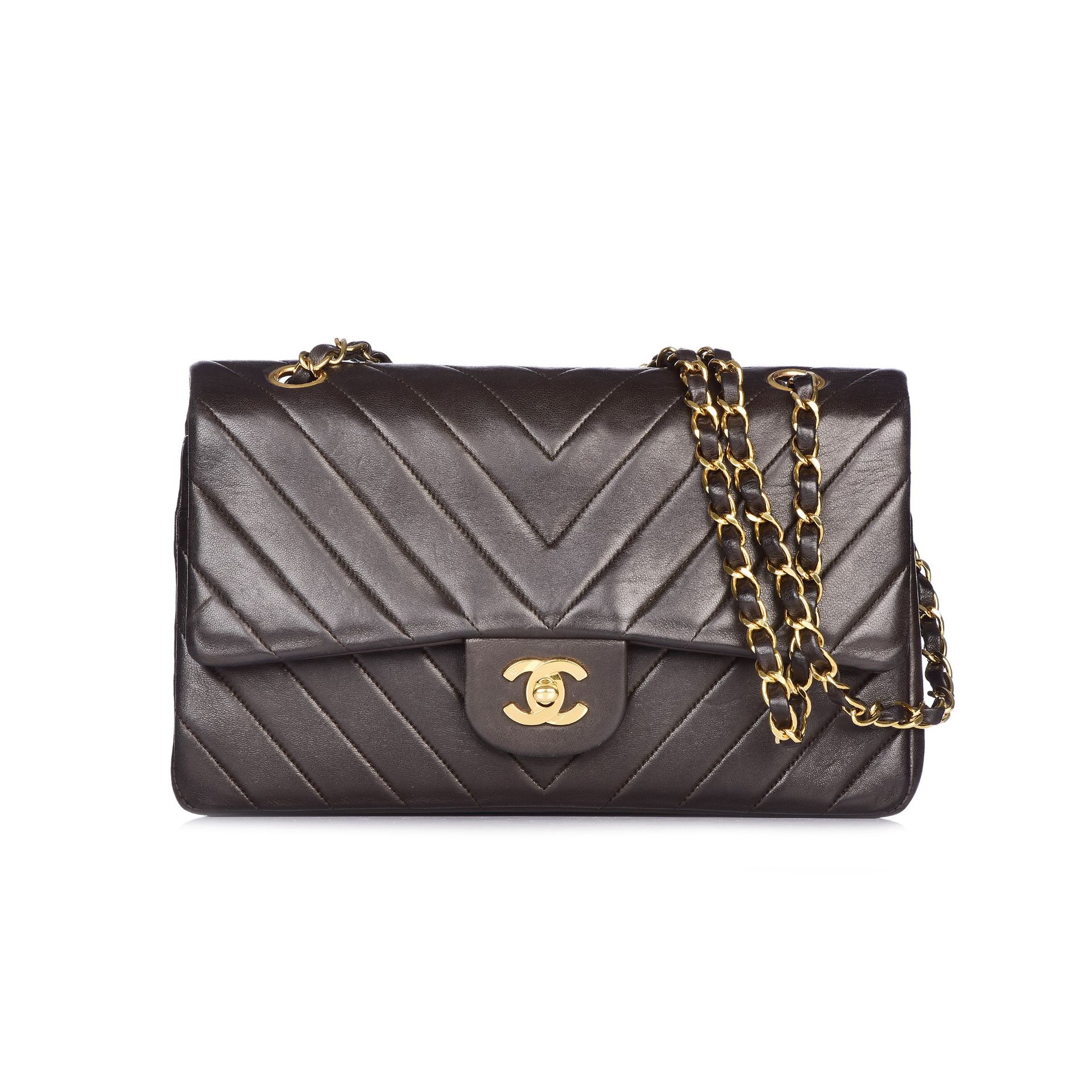 CHANEL Vintage dunkelbraune Chanel Timeless mit goldener Hardware und verstellba&hellip;