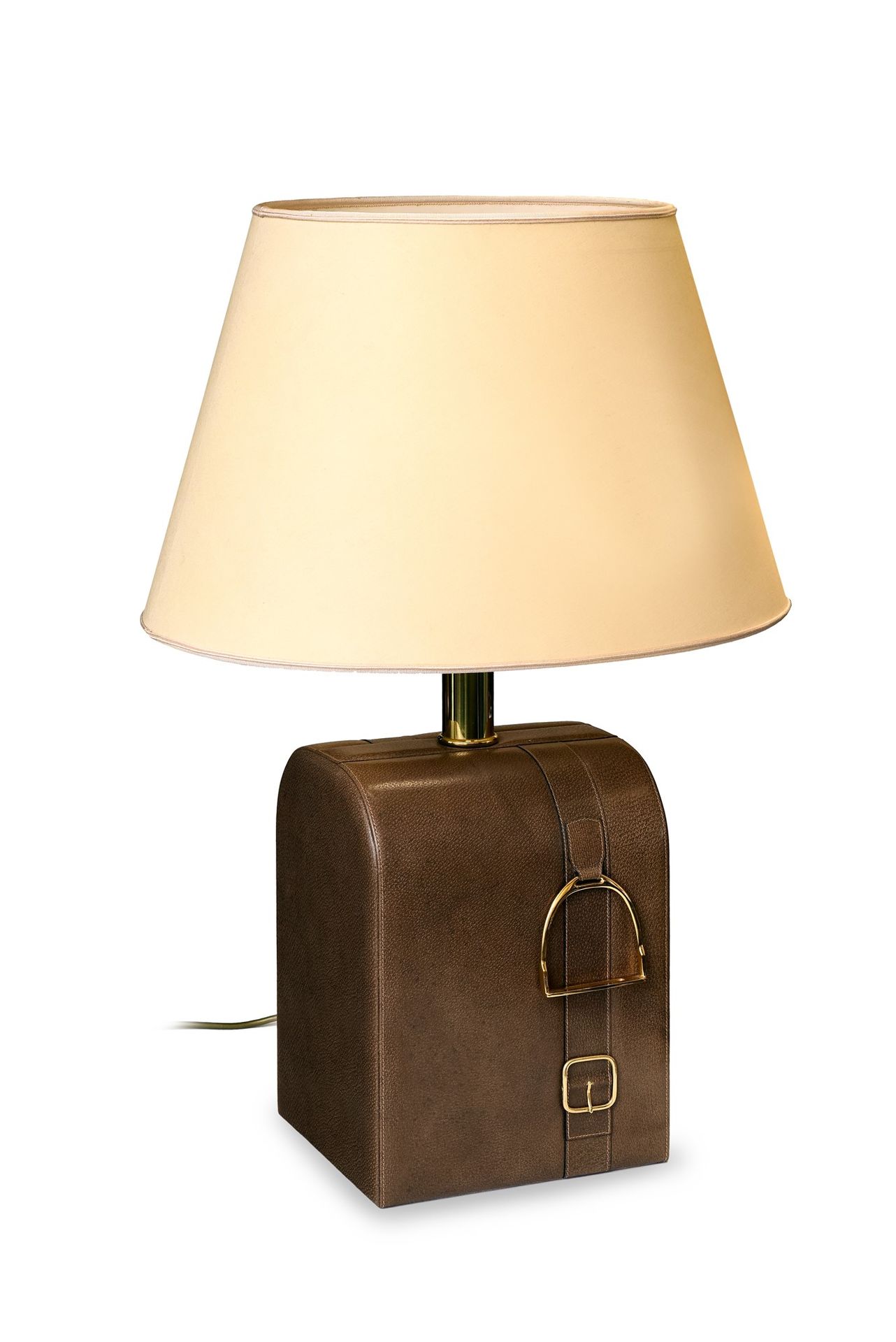 GUCCI Gucci-Tischlampe aus Leder mit Pferdemotiv und zwei vergoldeten Metallbüge&hellip;
