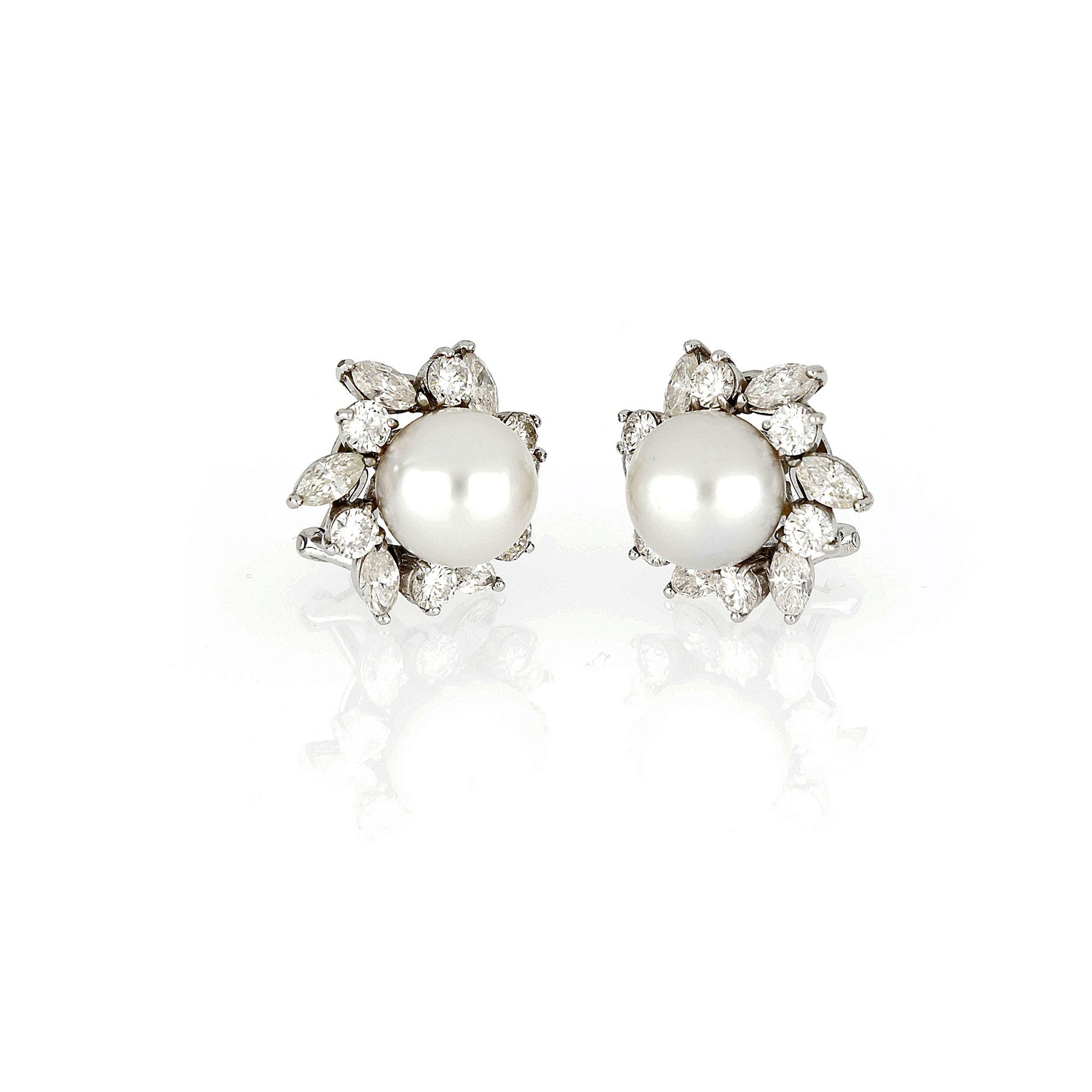 Null Pendientes de platino, perlas de talla marquesa y brillante y diamantes con&hellip;