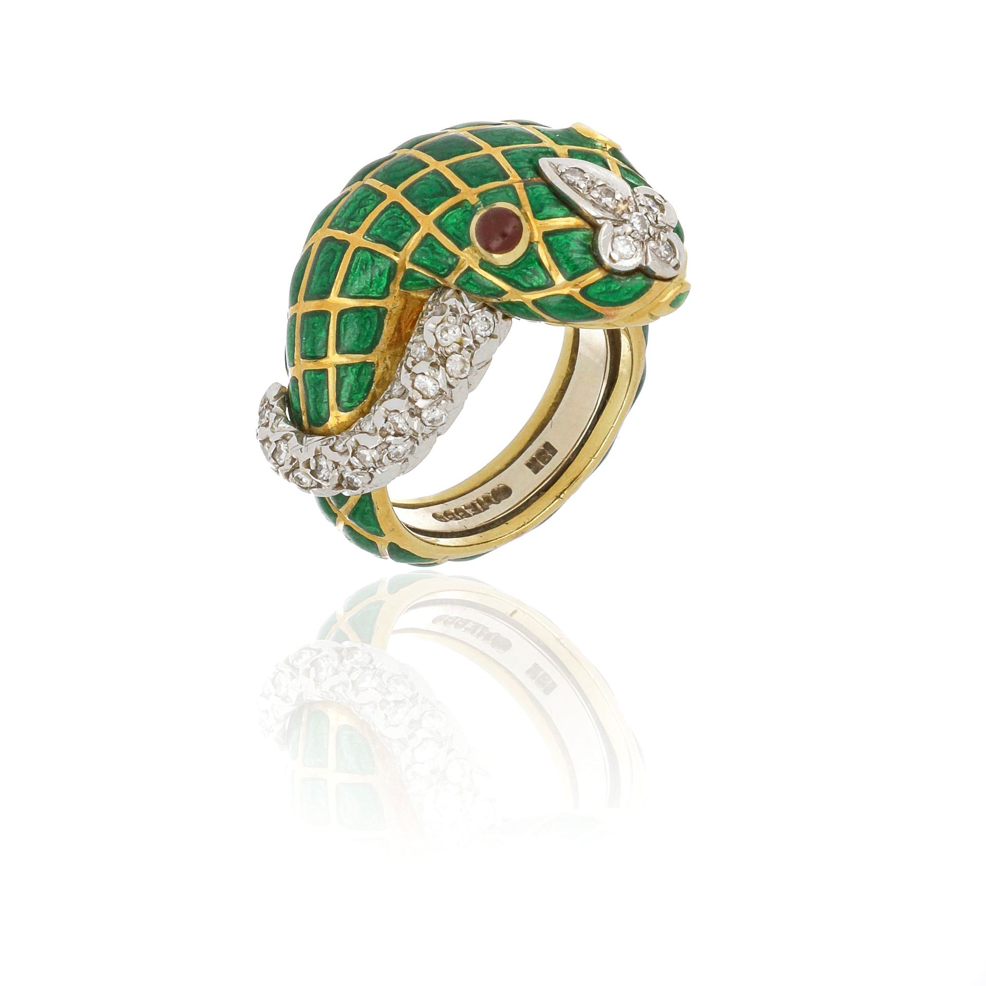 Null Ring mit Schlangentier aus 18 Kt Gelb- und Weißgold, mit grüner durchschein&hellip;