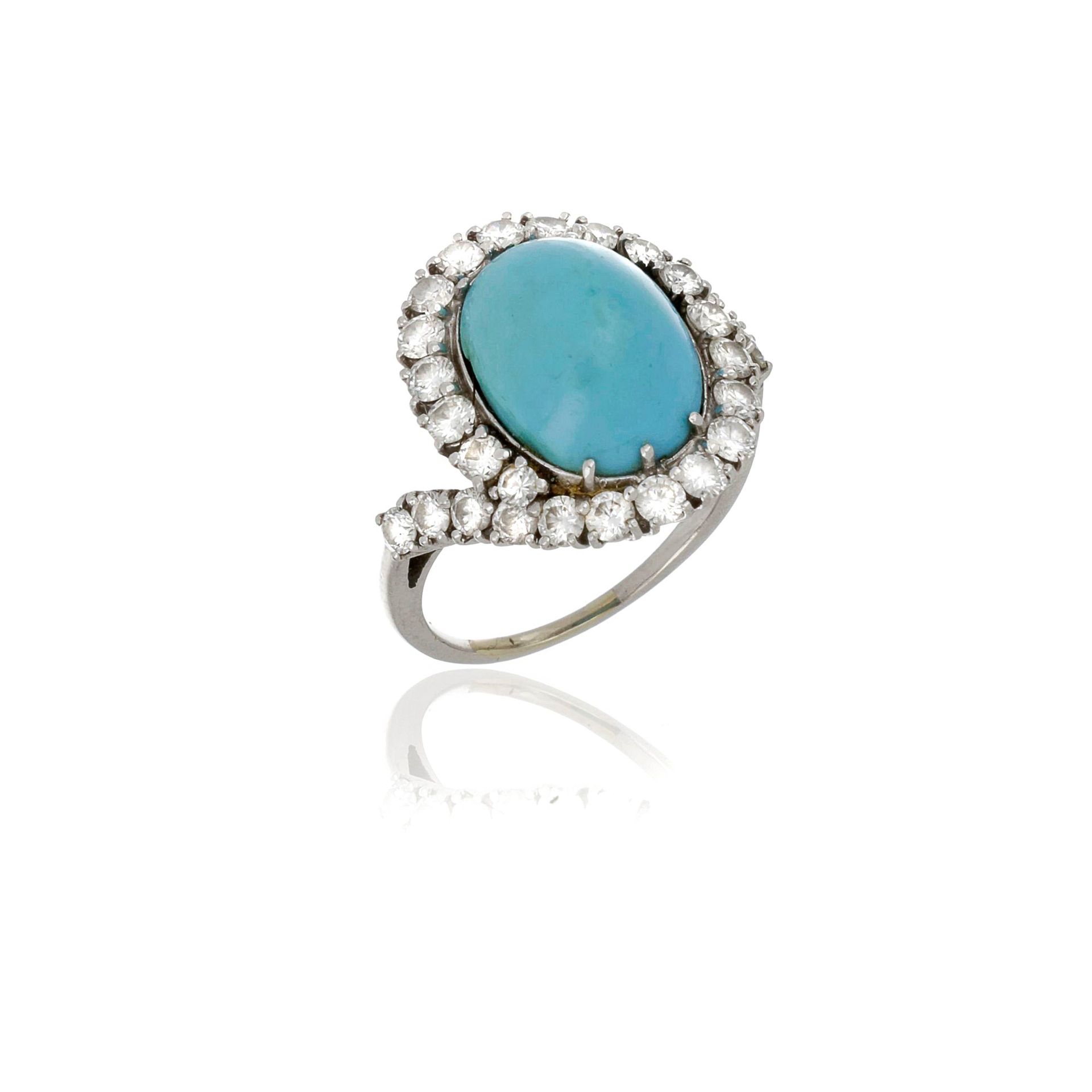 Null 1960s halo ring in platinum with cabochon turquoise surrounded by round bri&hellip;