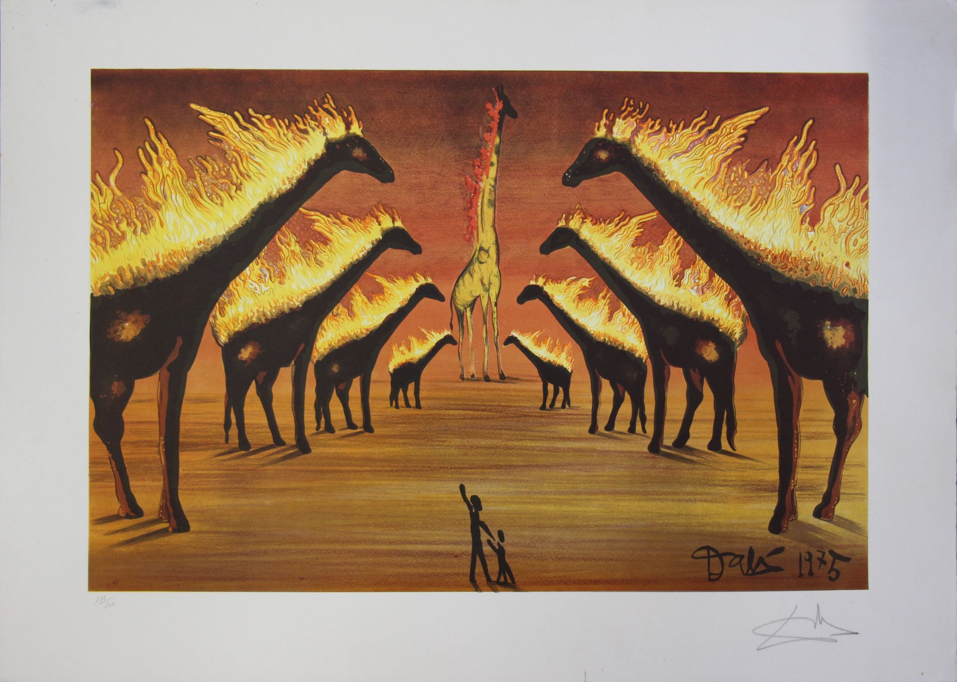 Null 萨尔瓦多-达利(1904-1989)
着火的长颈鹿 (1975)
石墨画，右下角有签名，注明232/300
55 x 76 cm
