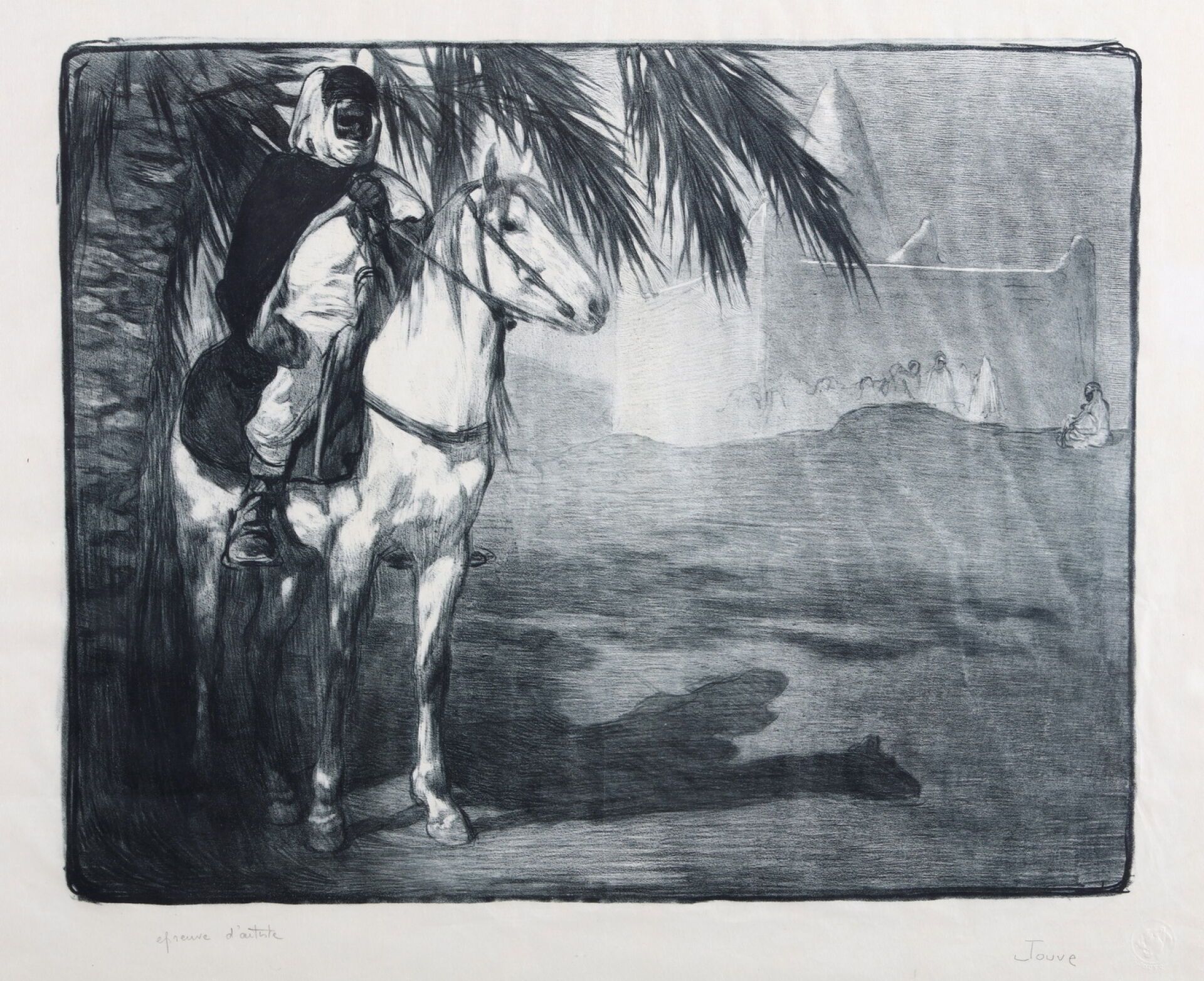 Null Paul JOUVE (1878-1973)
Cavalier Arabe à l'ombre d'un palmier. 
Devant le ma&hellip;