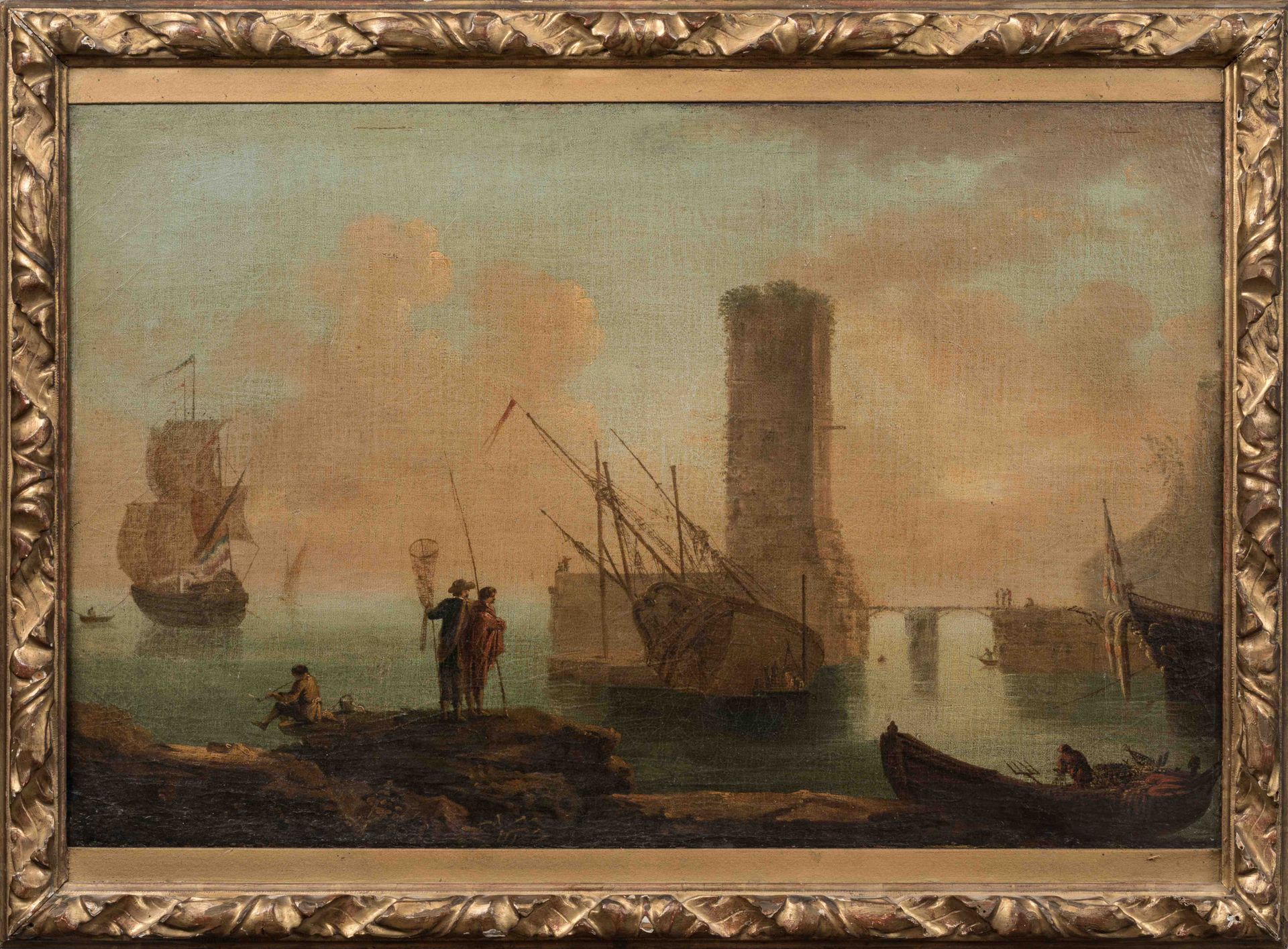 Null 18-19世纪约瑟夫-韦尔纳（1714-1789）风格的学校

动画的港口场景。

布面油画。右下角有 "JV "的字样。

高度：44.5厘米。宽度&hellip;
