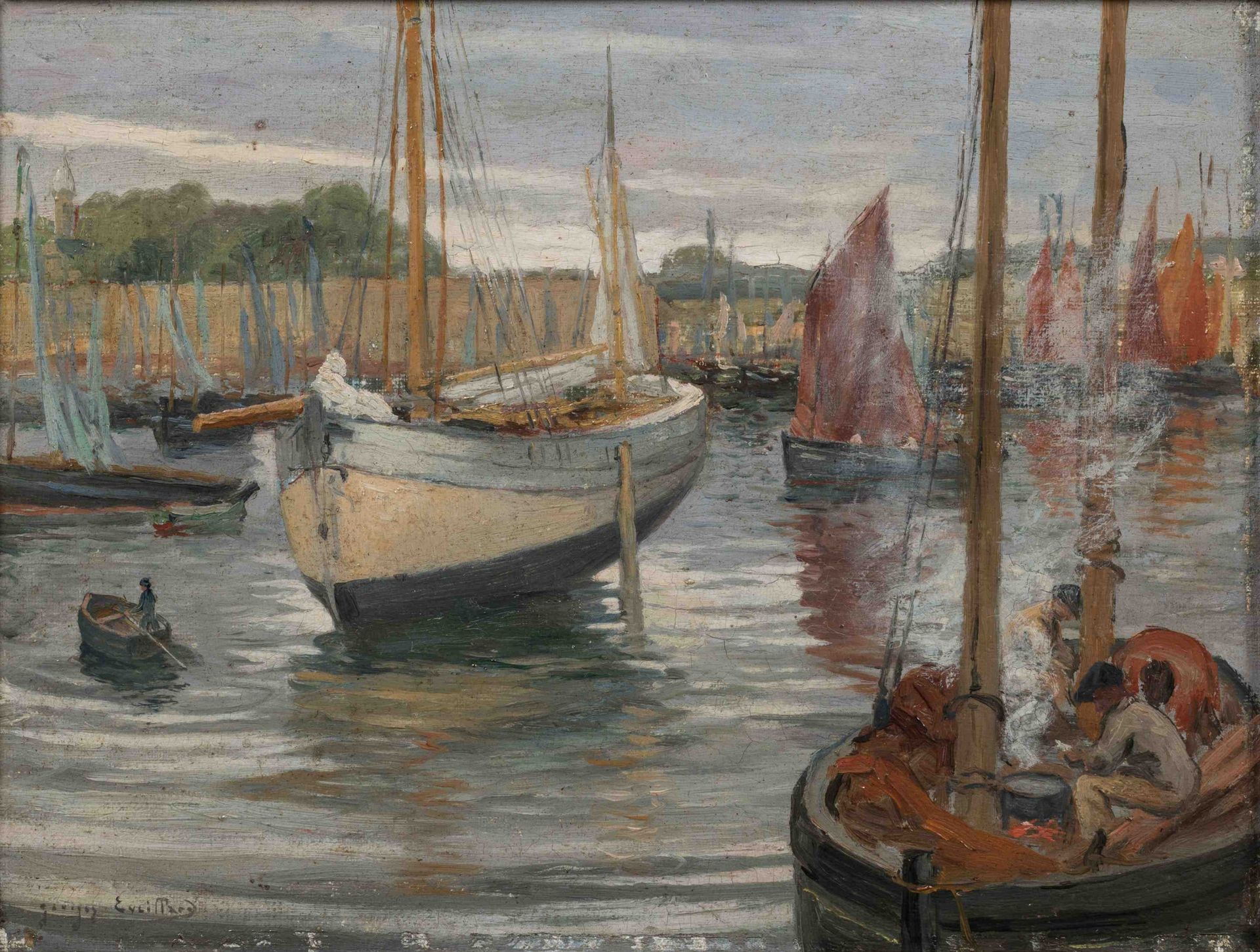 Null Georges EVEILLARD (南特，1879-1965)

孔卡尔诺：在赛艇的甲板上用餐。

裱在纸板上的布面油画，左下方有签名。

高度 :&hellip;