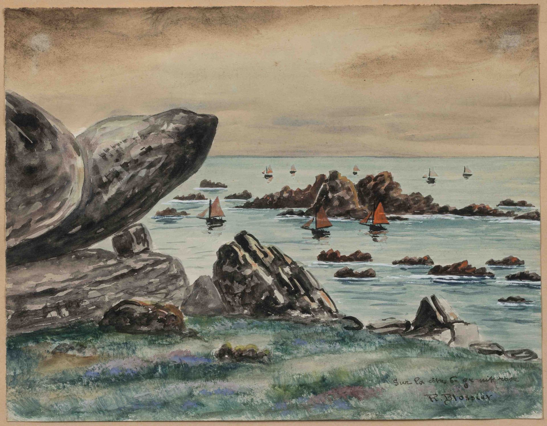 Null 雷蒙-布洛西埃（20岁

"在粉红花岗岩海岸"。

水彩画，右下方有签名和标题。

高度：25厘米。宽度：32厘米。