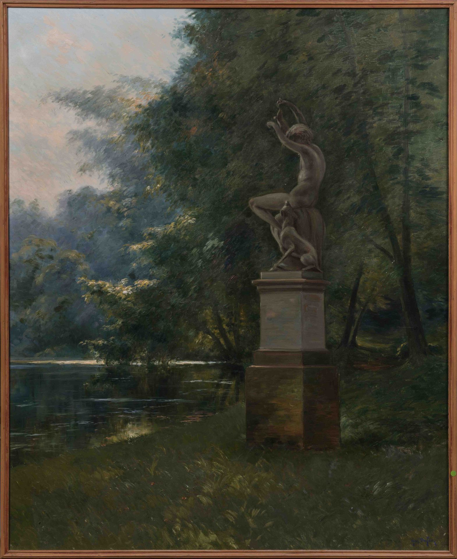 Null 让-杜福(19-20世纪)

在枫丹白露城堡的公园里：鲤鱼池附近的 "年轻的偷猎者与野兔"。

布面油画，右下角有签名。

身高：148厘米。宽度：1&hellip;