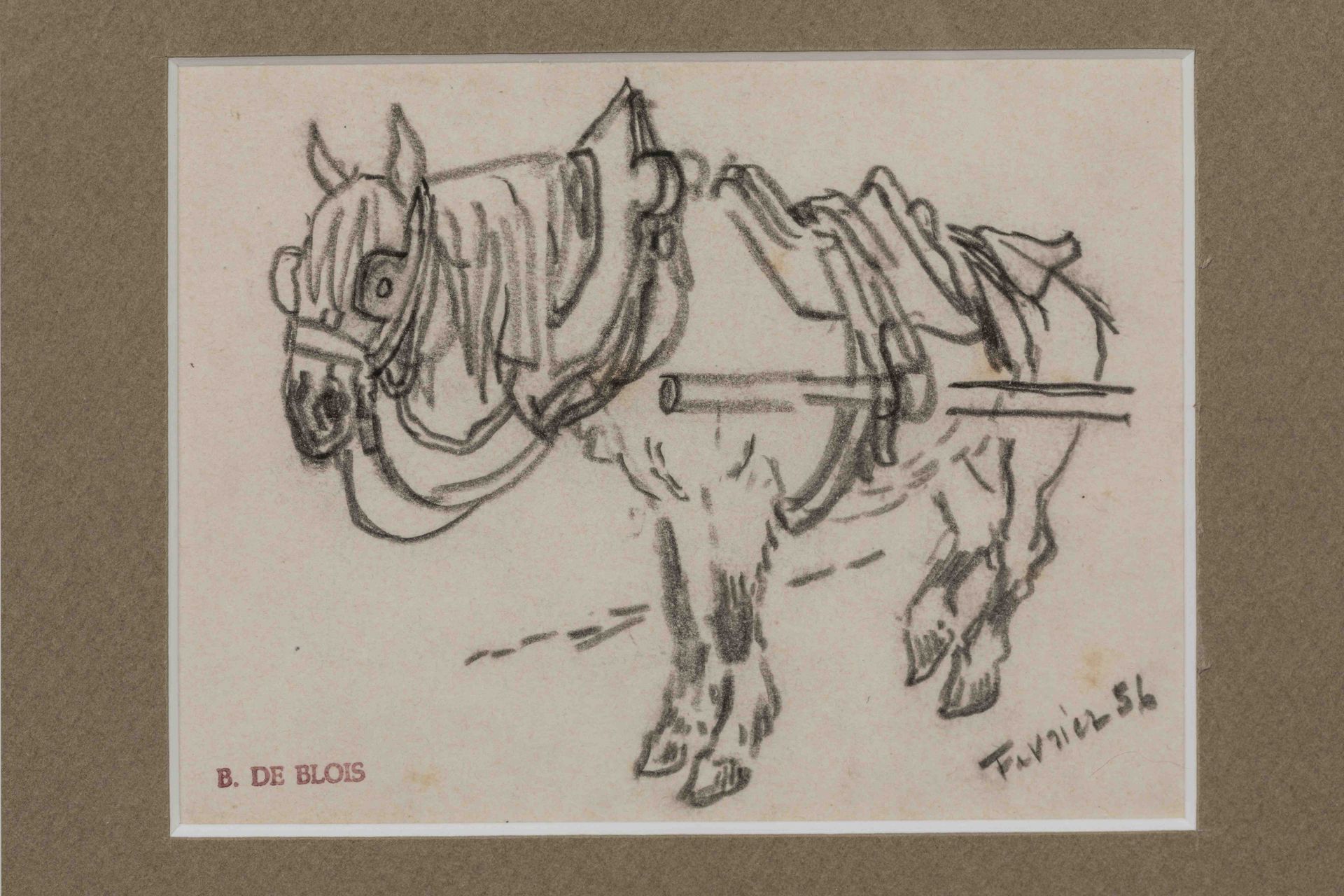 Null François B.DE BLOIS（波士顿或魁北克，1829-1913）。

骡子与马。

炭笔，右下角注明 "56年2月"。红色墨迹印章 "B.&hellip;