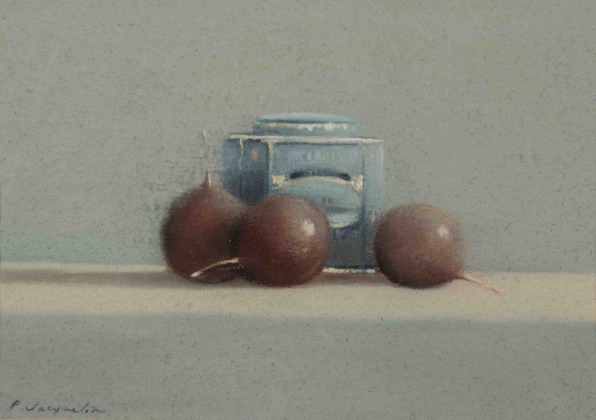Null Pierre JACQUELIN (1944)

李子和茶叶盒的静物画。

左下角有签名的粉彩画。

高度：21厘米。宽度：29.5厘米。(看到)。(&hellip;