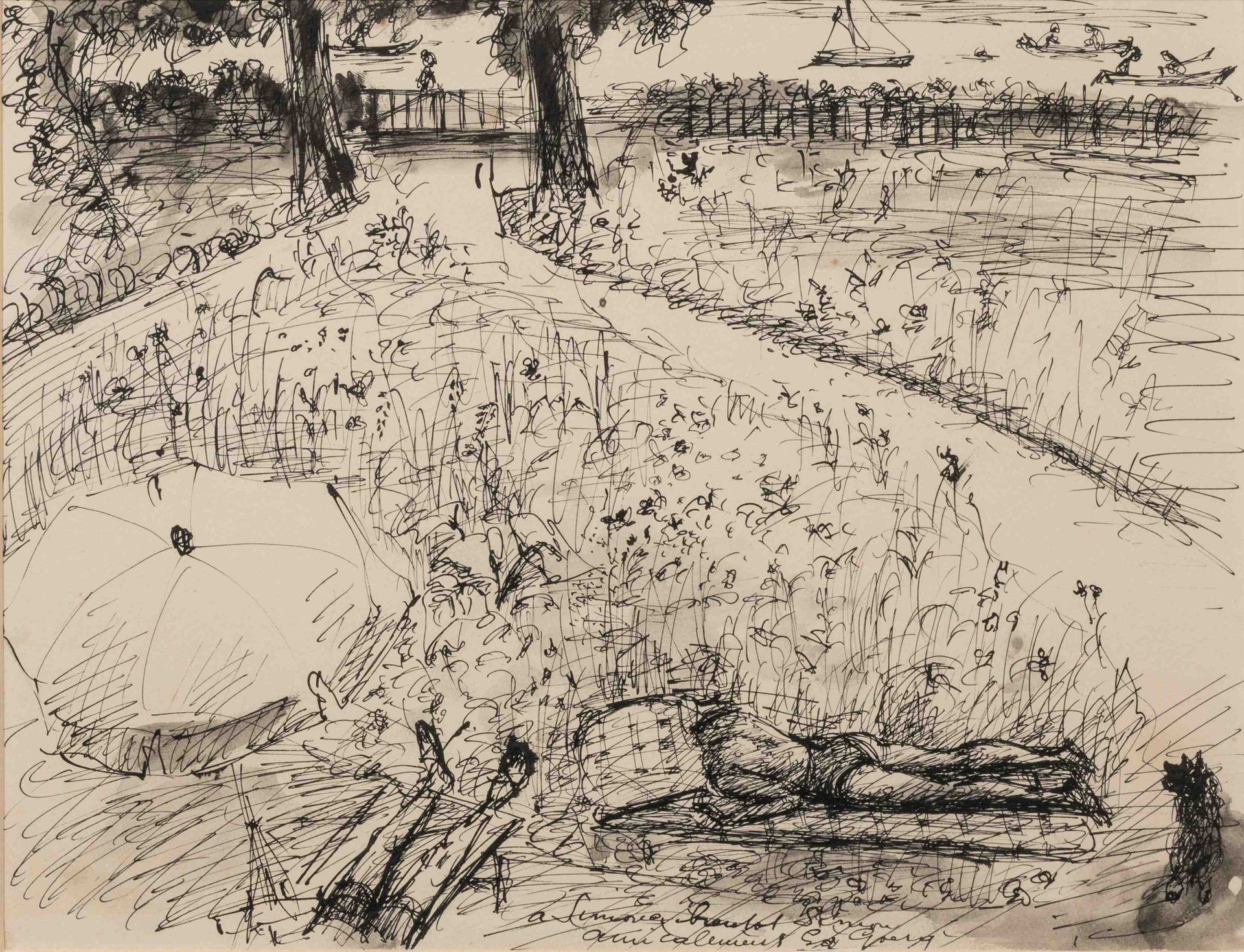 Null 爱德华-戈尔（Edouard GOERG）（悉尼，1893年-卡利安，1969年）。

在海边享受日光浴。

右下角有水墨签名，并献给西蒙（Simon&hellip;