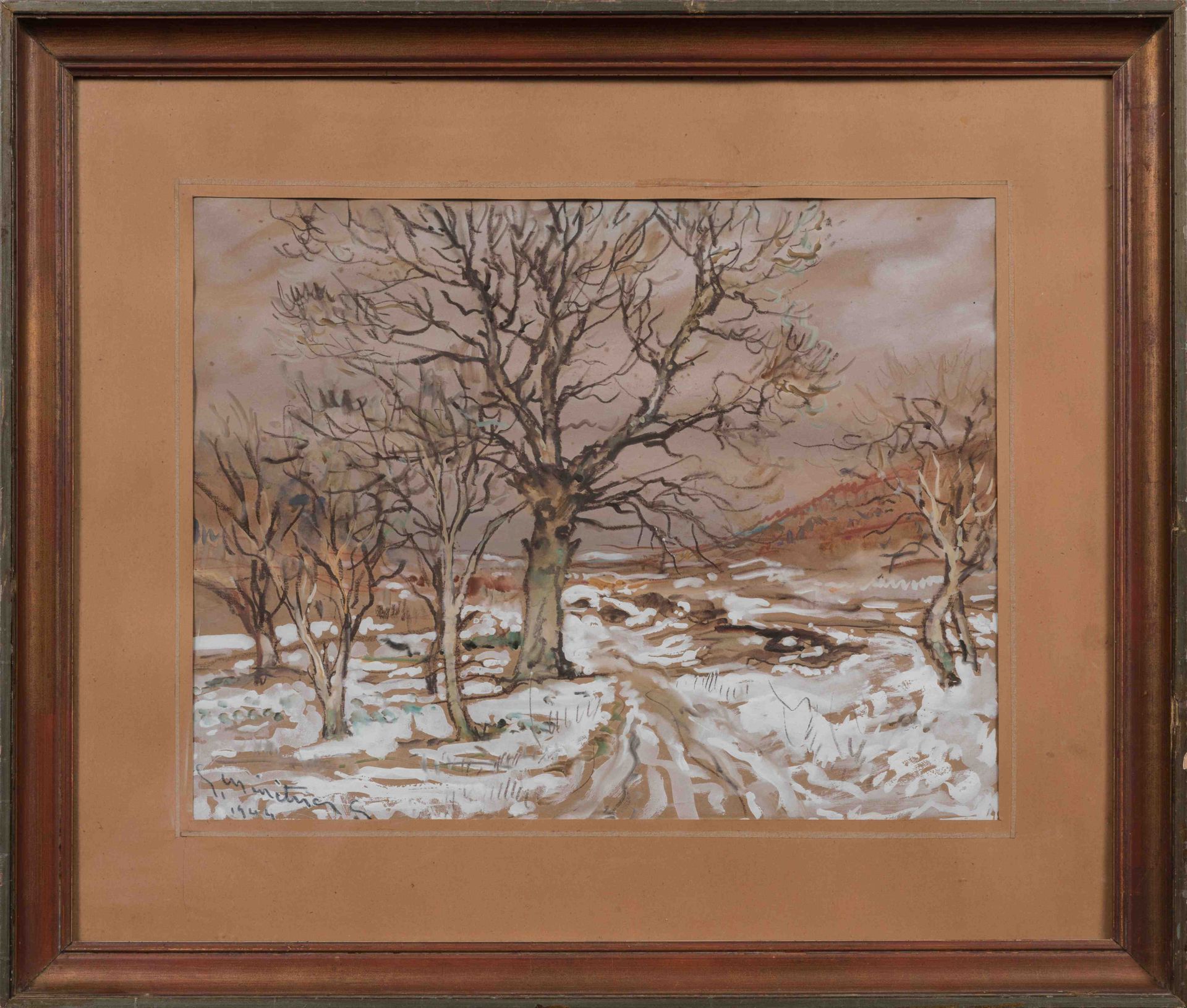 Null 埃米尔-梅内特里尔(Emile MENETRIER) (1893-1980)

雪下的道路。

水粉画左下方有签名和日期1944年。

高度：37.5&hellip;