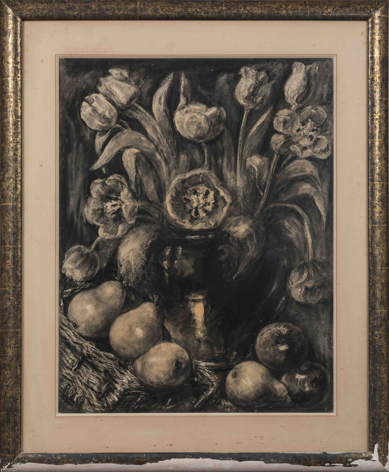 Null 路易丝-赫菲厄（Alençon, 1878 - Versailles, 1954）。

郁金香和苹果的花瓶。

炭笔在中下部签名。

高度：64.5厘&hellip;