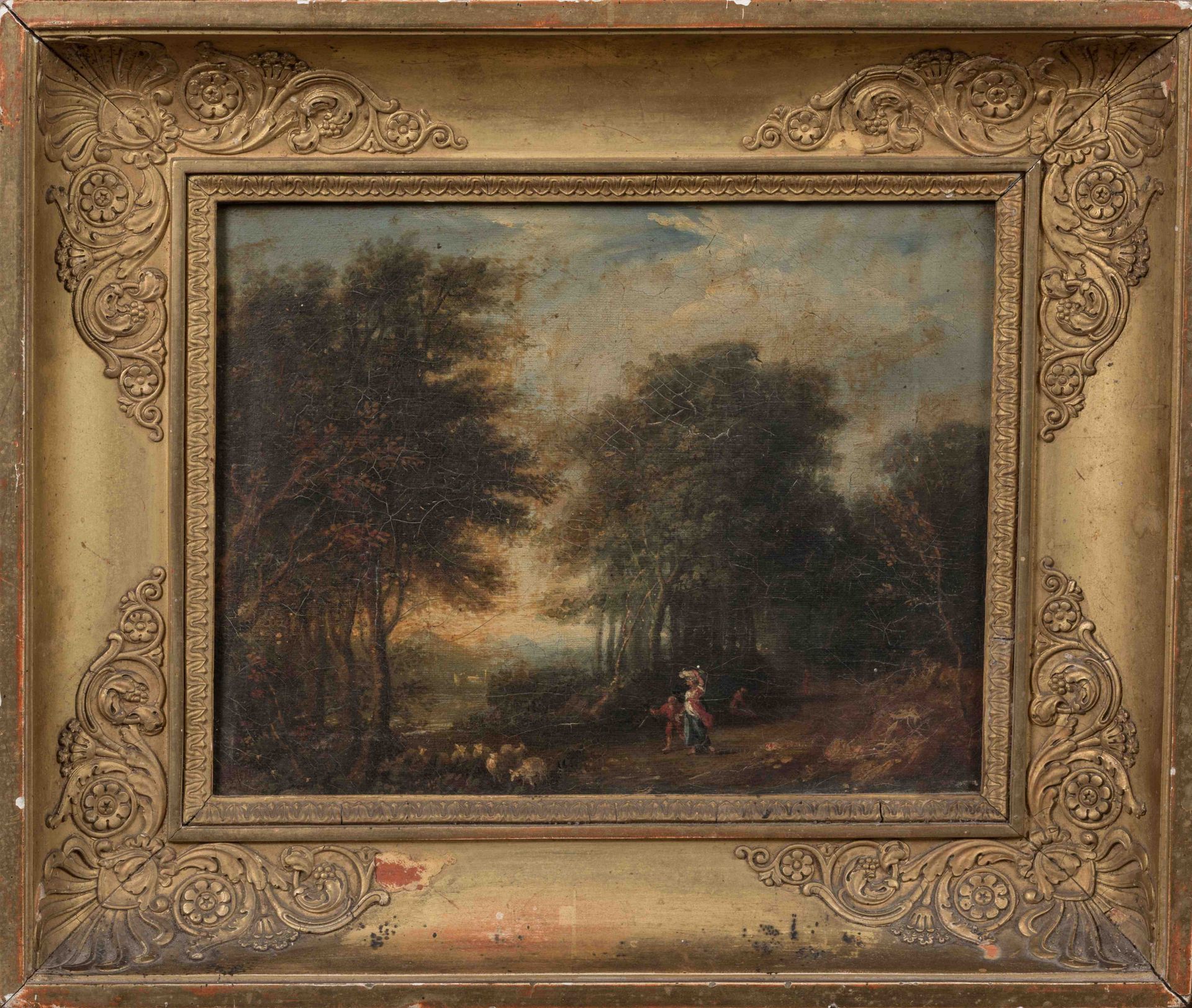 Null 19世纪初的法国学校

阿卡迪亚的田园风光。

布面油画。

高度：21.5厘米。宽度：26.5厘米。

呈现在一个19世纪早期的金木框架中，上面有棕&hellip;