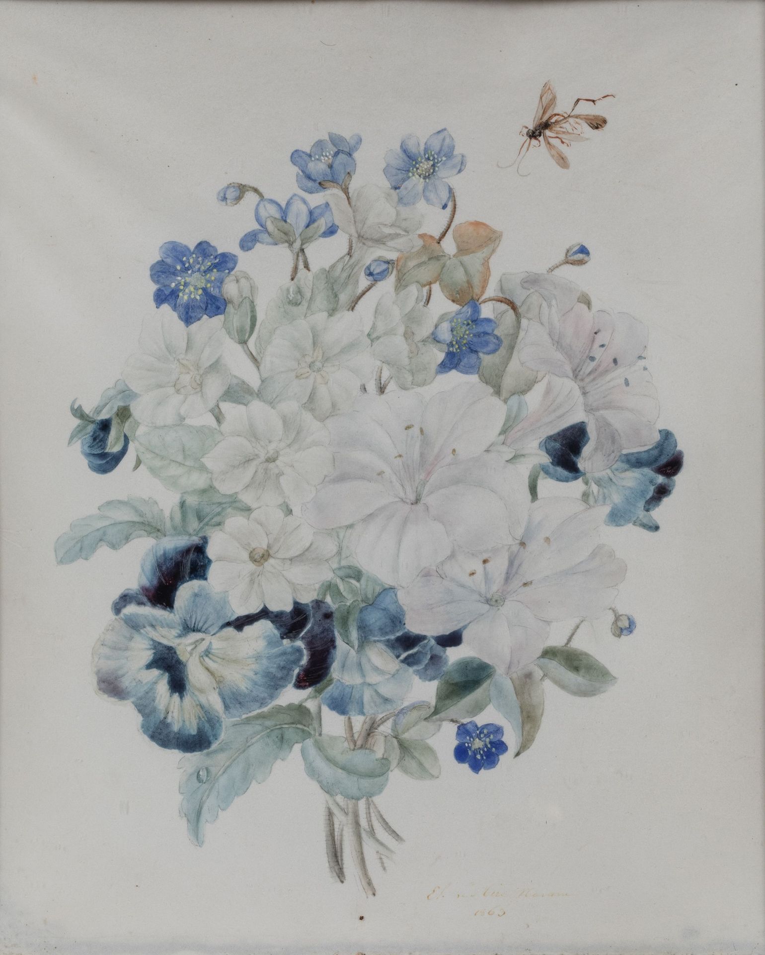 Null 埃莉萨-埃米莉-纳瓦雷-莱米尔 (1807-1868)

向黄蜂投掷白色和蓝色的花朵。 

水彩画，右下方有签名和日期1863年。

高度：25厘米。&hellip;