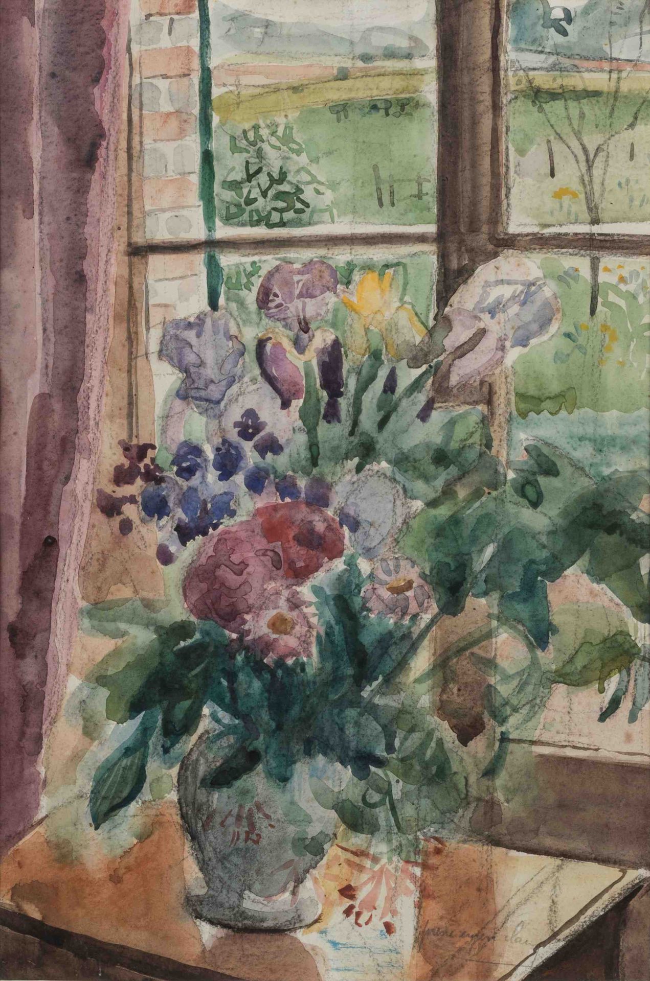 Null 皮埃尔-欧仁-克莱林（1897年，坎布雷-1980年，索里尼昂-夏尼）。

窗前的花瓶。

水彩画和木炭画，右下角有签名。

高度：53.5厘米。宽度&hellip;