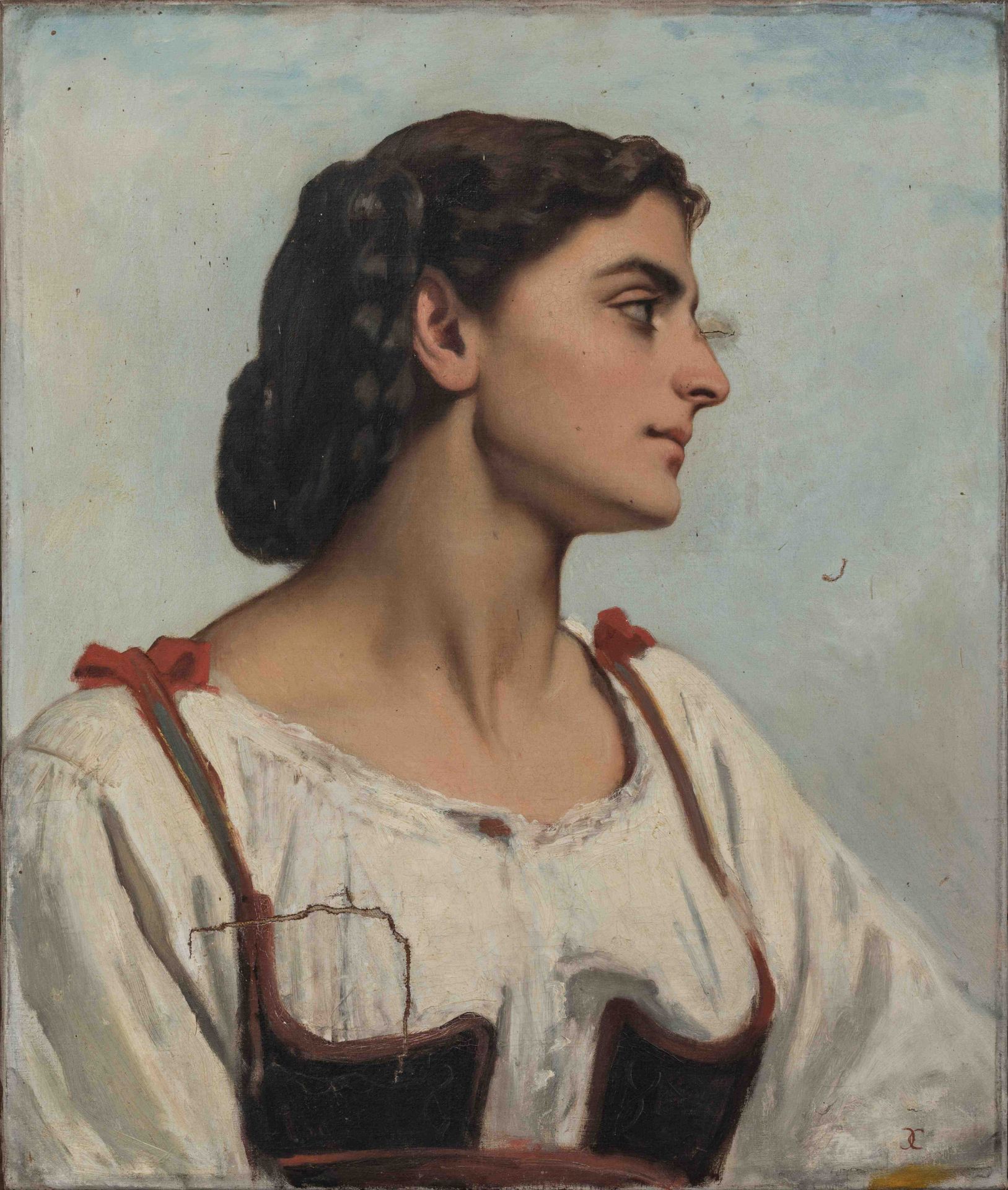 Null 19世纪法国学校，以费利克斯-巴里亚斯(1822-1907)的方式。

年轻女性的轮廓。

布面油画，右下角有 "CC "字样。

高度：56厘米。宽&hellip;