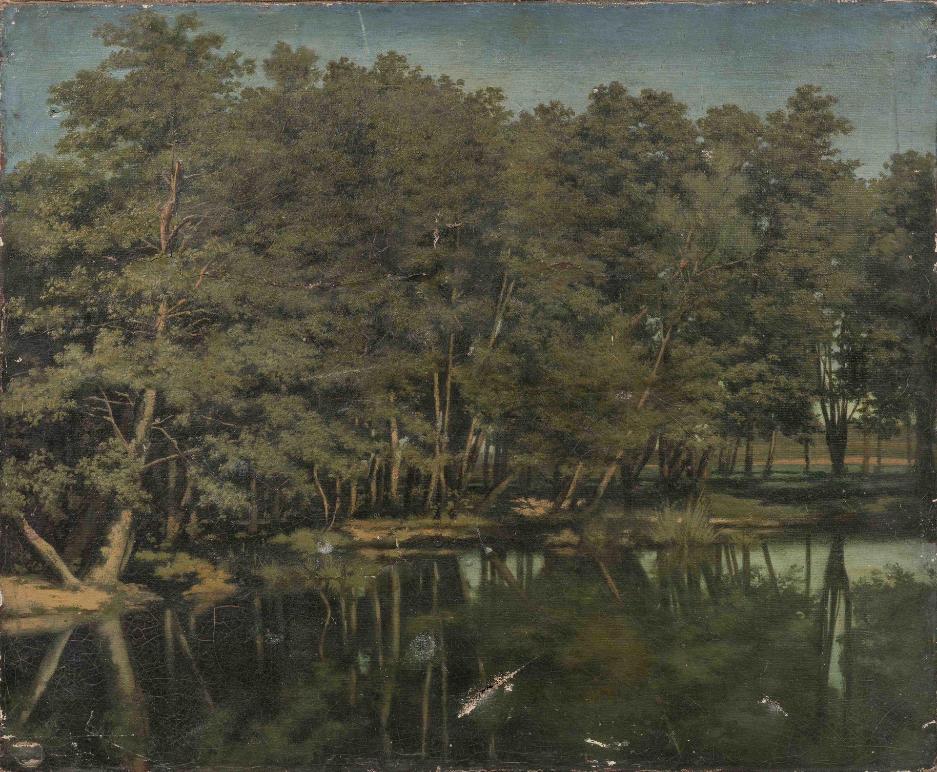 Null 19世纪法国学派，BARBIZON学派的追随者

湖泊景观。

布面油画。

高度：46厘米。宽度：55.5厘米。(事故和修复）。)