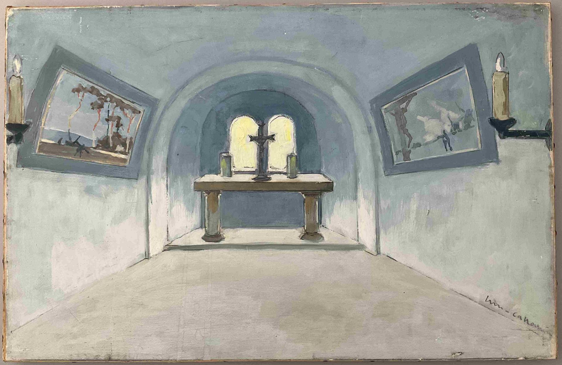 Null 亨利-玛丽-卡侯斯(1889 - 1974)
小教堂的内部。
布面油画，右下角有签名。
高：30厘米。宽度：46厘米。
(有框架)。