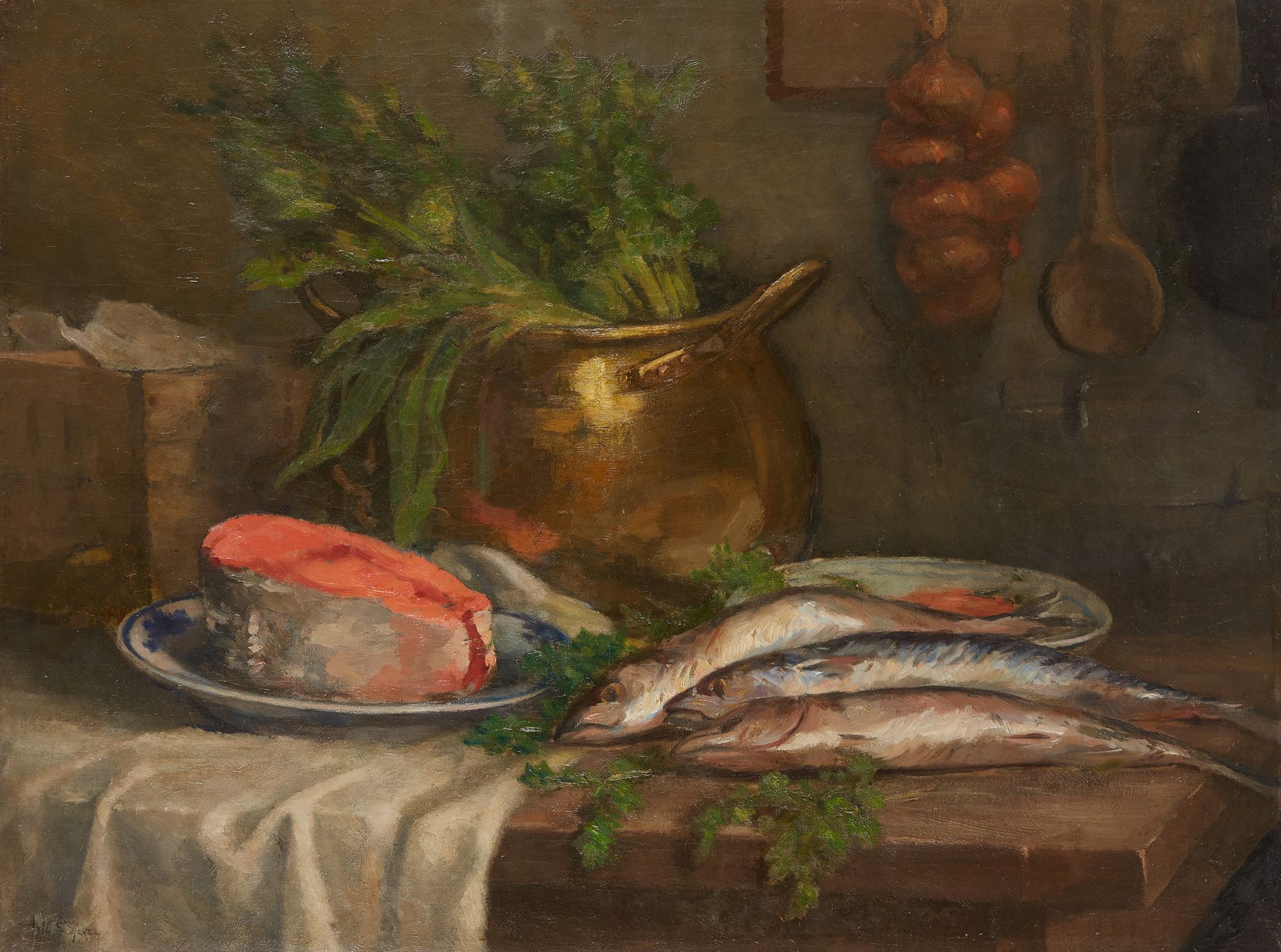 Null 19世纪的法国学校


厨房桌子上的三文鱼静物


布面油画，右下角签名 "AM LEFEVRE


60,5 x 80 cm


修缮