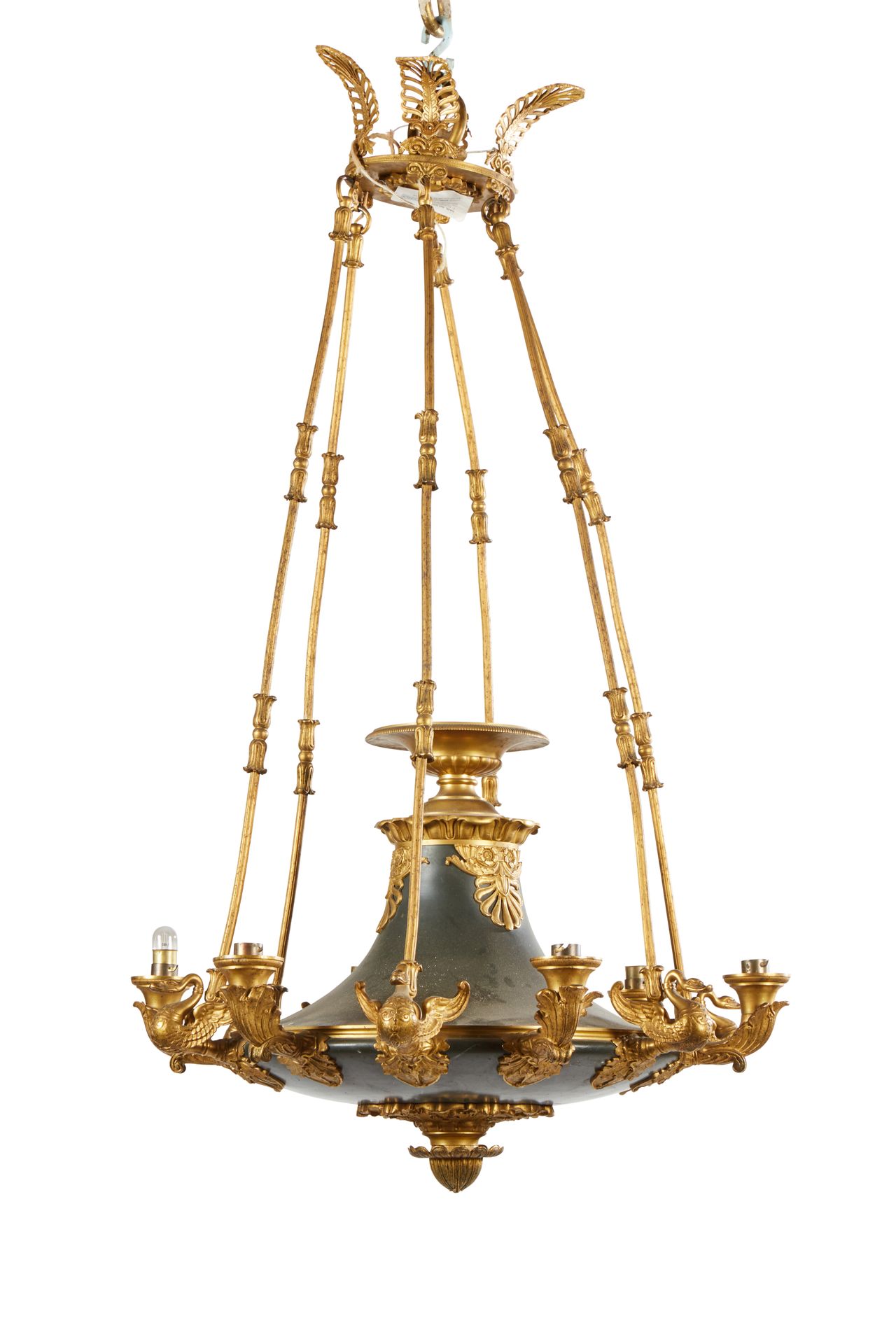 Null 
A six-light circular bronze chandelier with green and gilt patina, decorat&hellip;