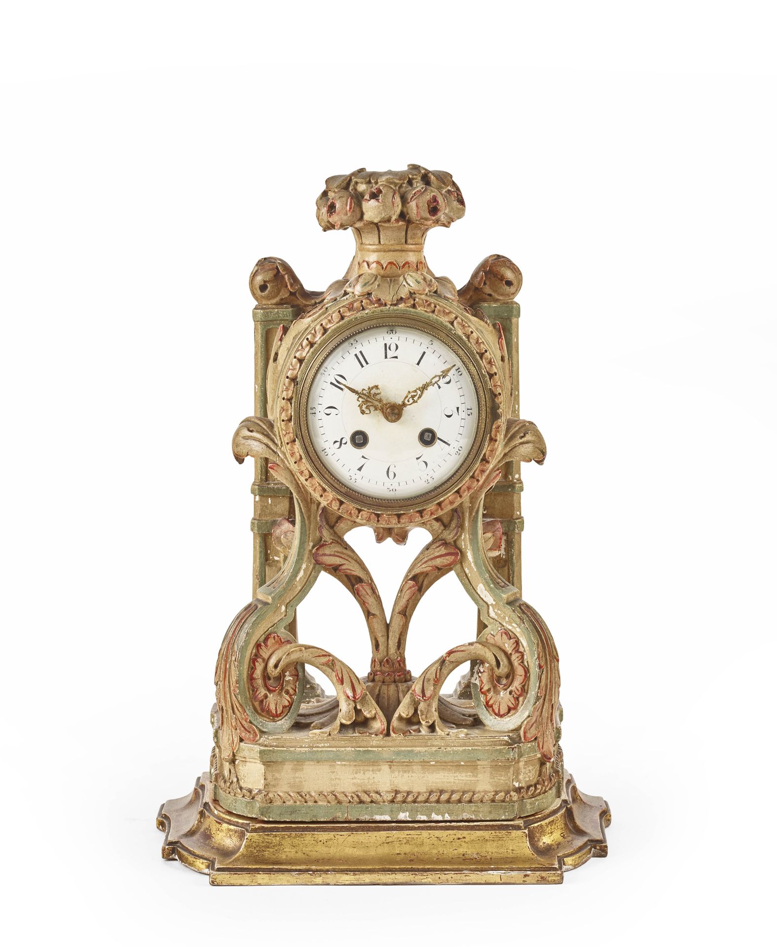 Null Small clock in polychrome carved wood with scrolls, flowery vase on a base &hellip;