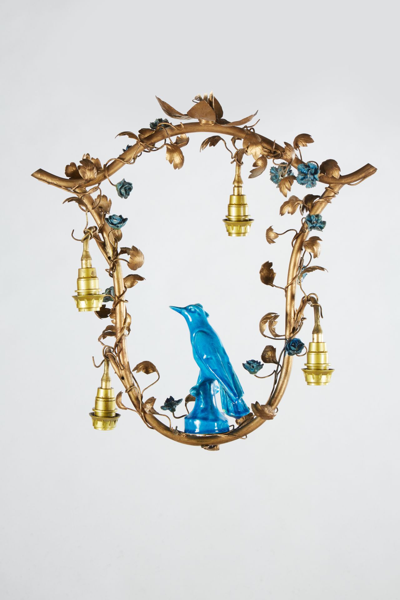Null 
Small ormolu chandelier decorated with foliage, birds and flowers in porce&hellip;