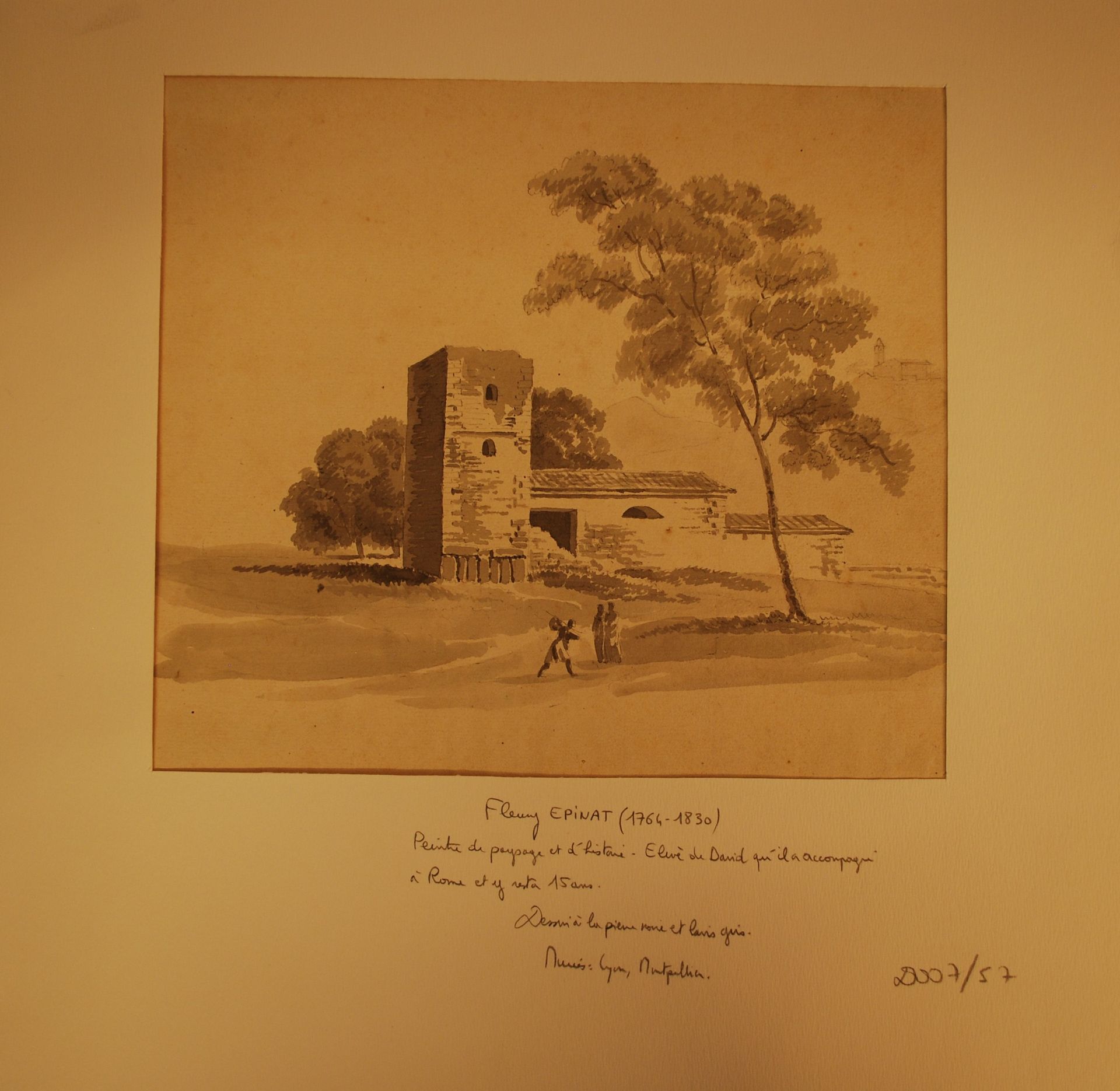 Null 归属于Fleury EPINAT（1764-1830）。


有人物动画的景观


铅笔画和水洗


22 x 25厘米


发黄的纸张和浅色的雀斑
