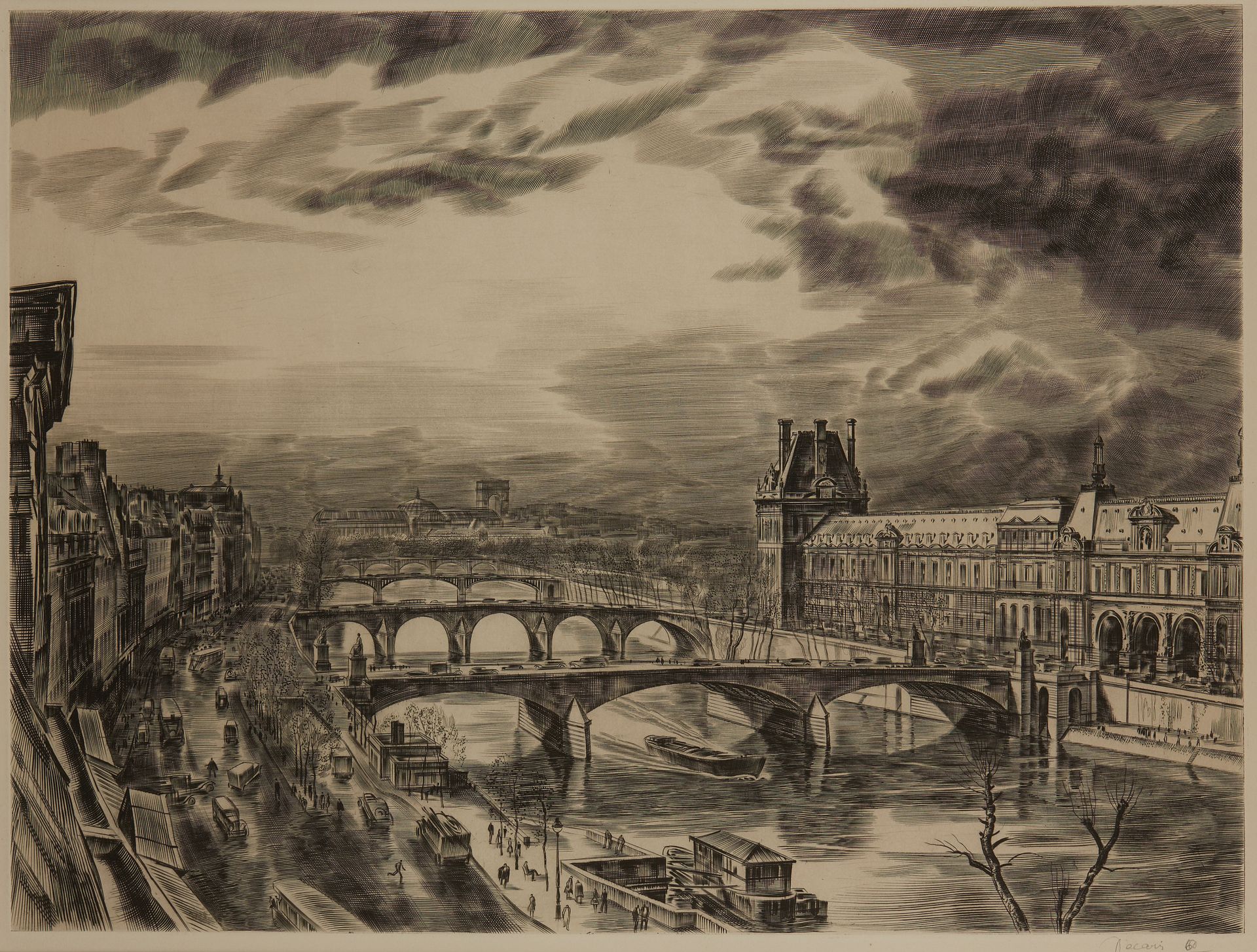 Null 阿尔伯特-迪卡里斯（1901-1988年


卢浮宫和巴黎圣母院的景观


两幅用铅笔签名并编号的版画


44 x 58 厘米


发黄的纸张