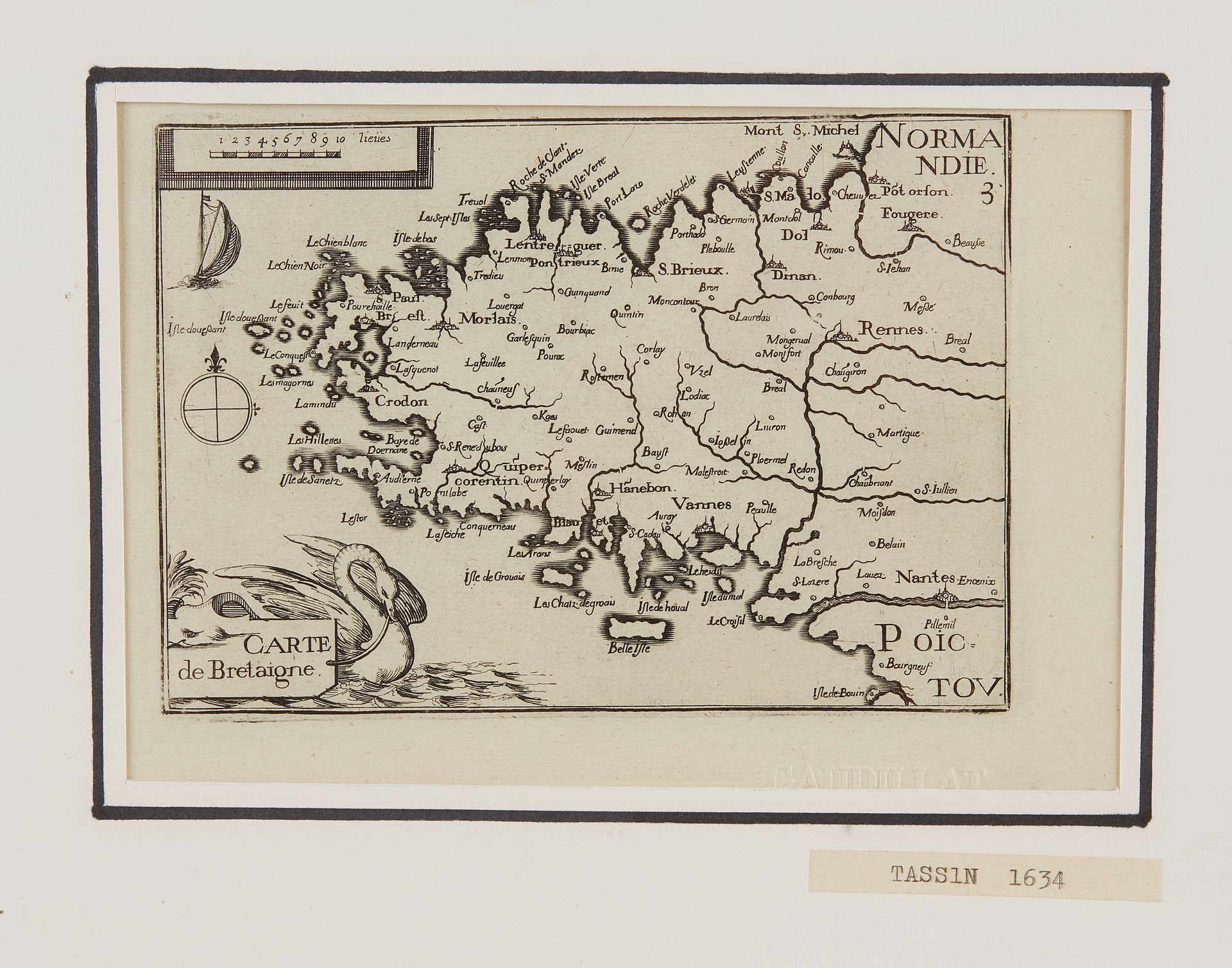 Null TASSIN, Christophe. Carte de Bretagne. Paris, 1634. Noir et blanc. Bel exem&hellip;