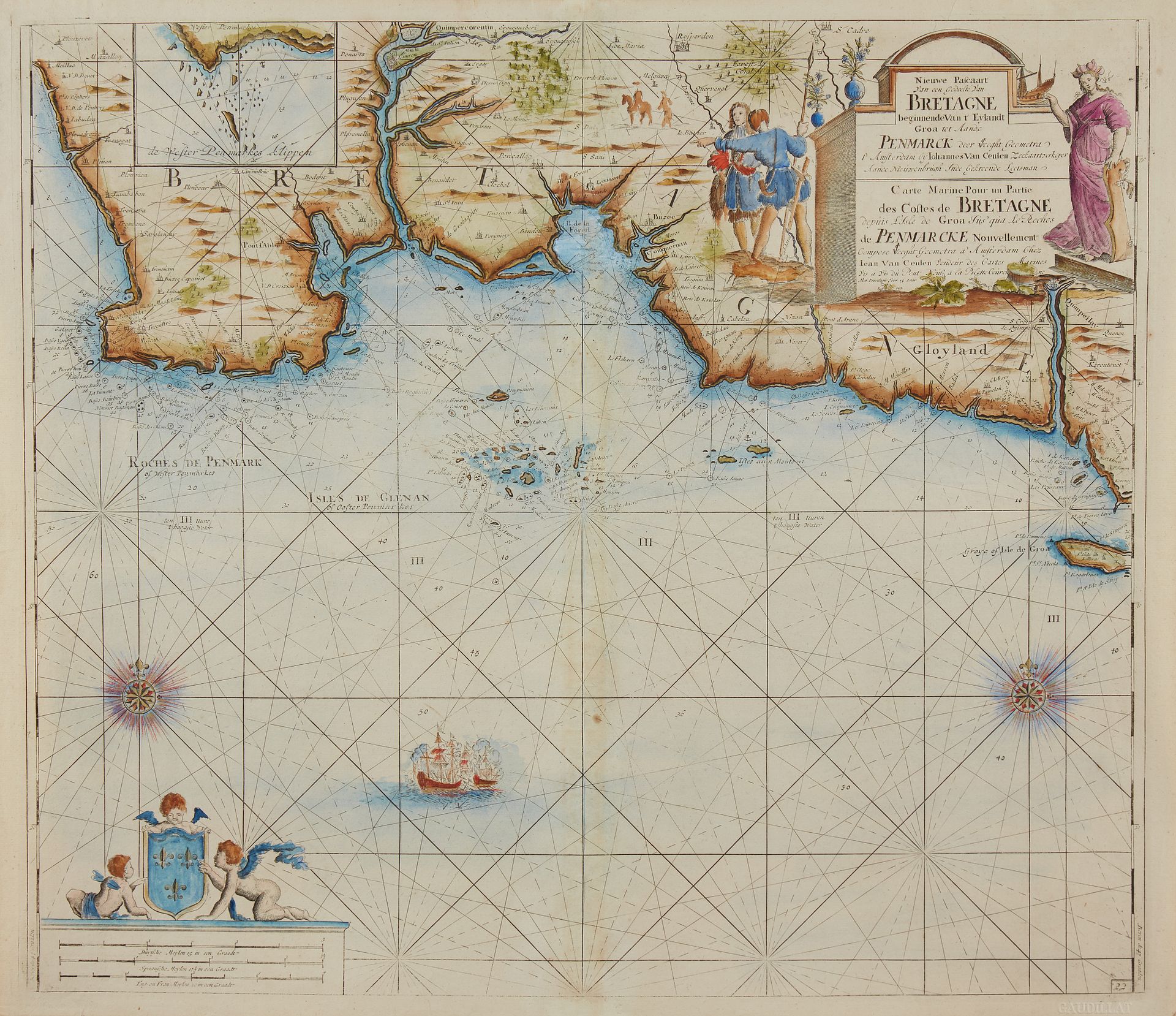 Null VAN KEULEN, J. 从Groa岛到Roches de Penmarcke的部分布列塔尼海岸的海洋地图。阿姆斯特丹，1699年后。上校。轻微发&hellip;