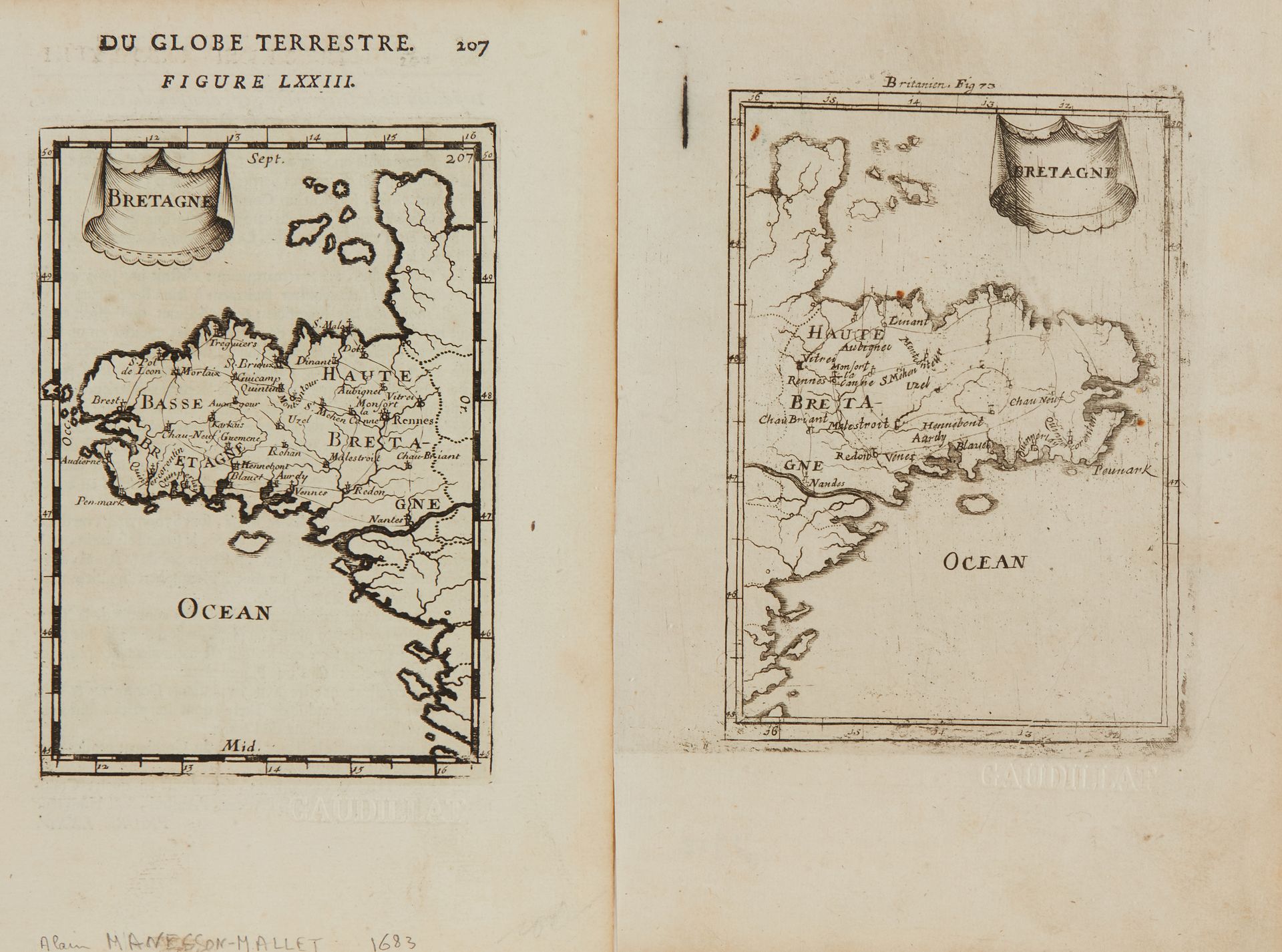 Null MANESSON-MALLET, A. Bretagne.巴黎，1683年。黑与白。两张地图，其中一张是颠倒的。150 x 100 mm。





&hellip;