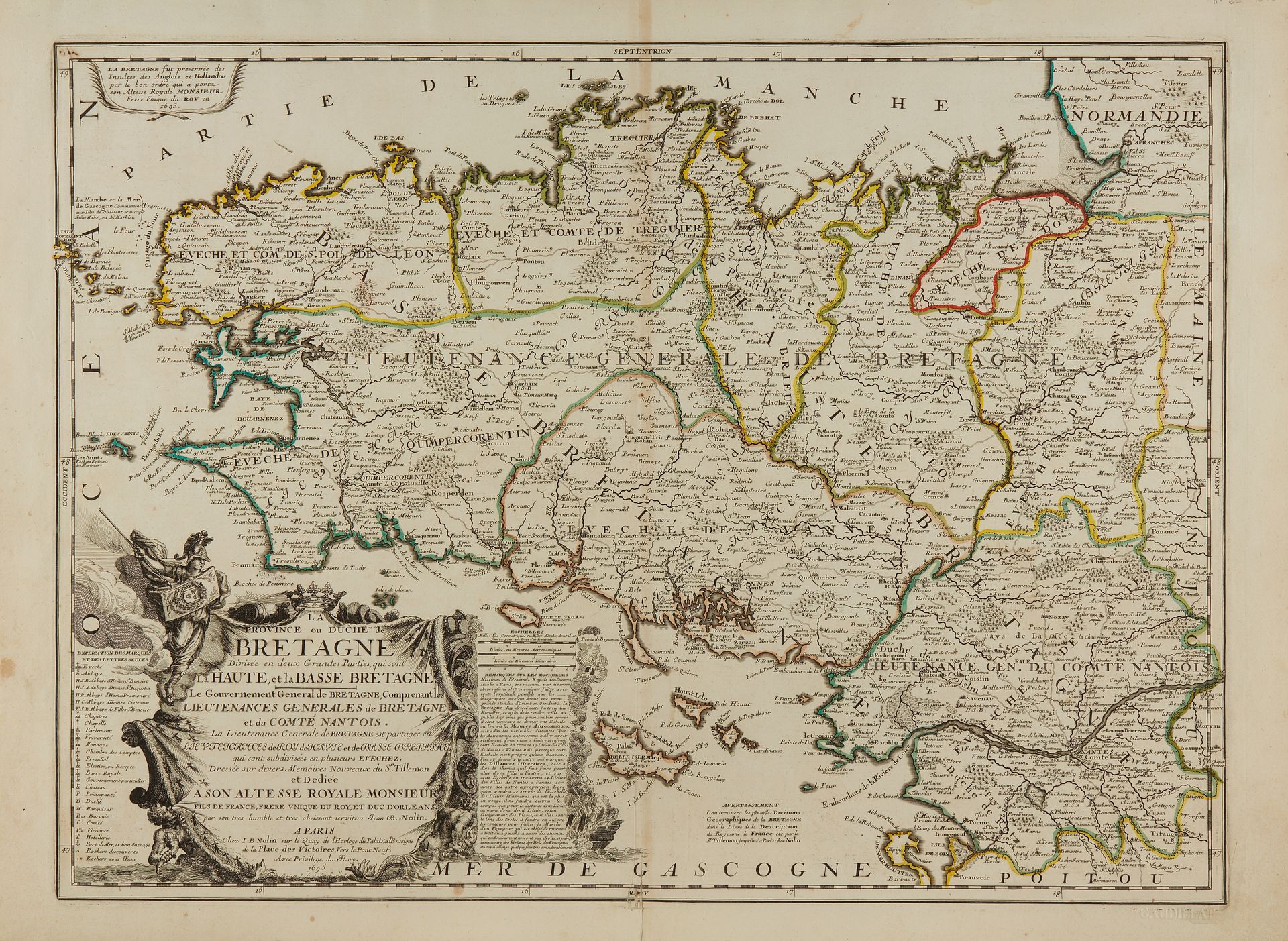 Null NOLIN, J.-B. La Province ou Duché de Bretagne.巴黎，1695年。旧殖民地的边界。不错的副本。在中央褶皱的&hellip;