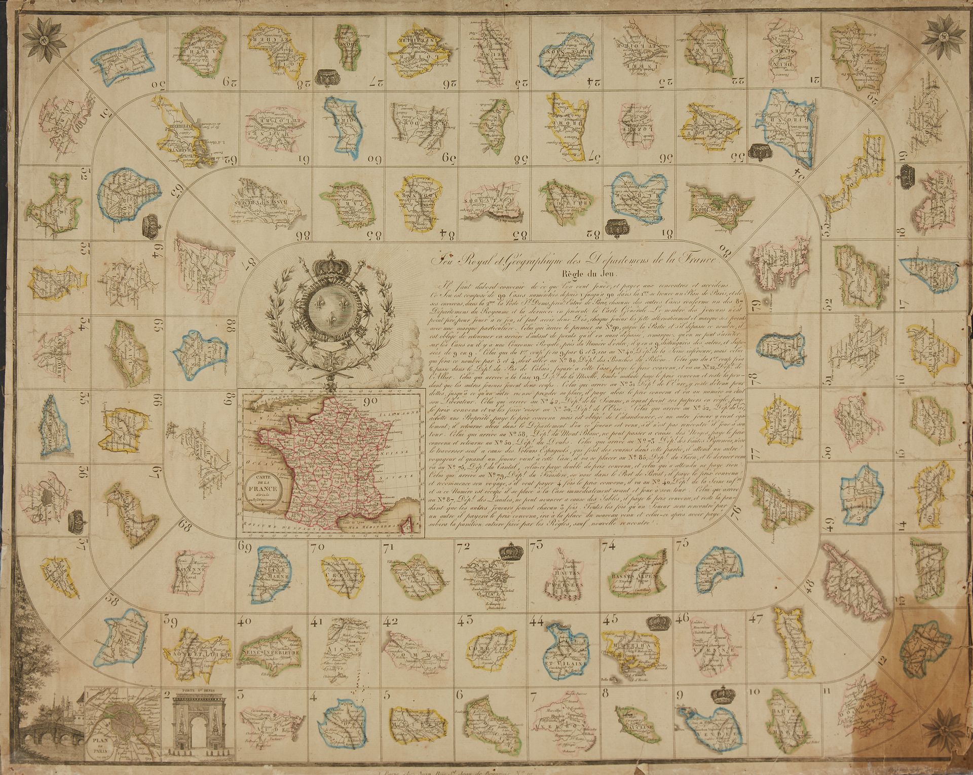 Null 琼。法国各省的皇家和地理游戏。巴黎，约1830年。当时的上校。发黄的纸张。右下角严重变色，边缘有破损。495 x 630 mm。





鹅的游戏。&hellip;