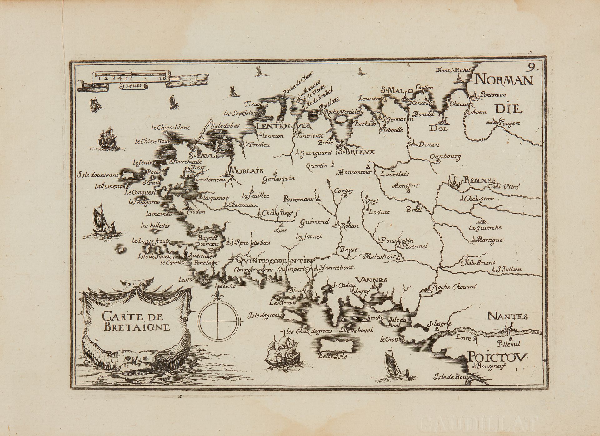Null TASSIN, Christophe.布列塔尼的地图。巴黎，1633年。黑与白。苍白的湿润。107 x 153毫米。





塔辛绘制的布列塔尼小地&hellip;