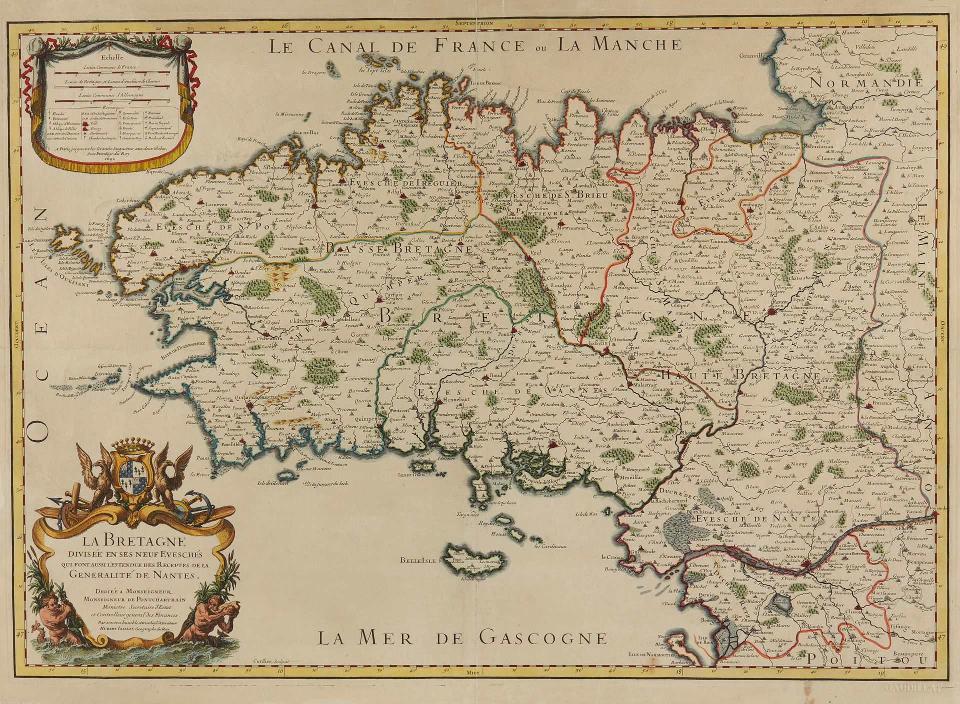 Null JAILLOT, A.H. La Bretagne divisée en ses neuf Evèchés.巴黎，1690年，彩色。不错的副本。小的合&hellip;